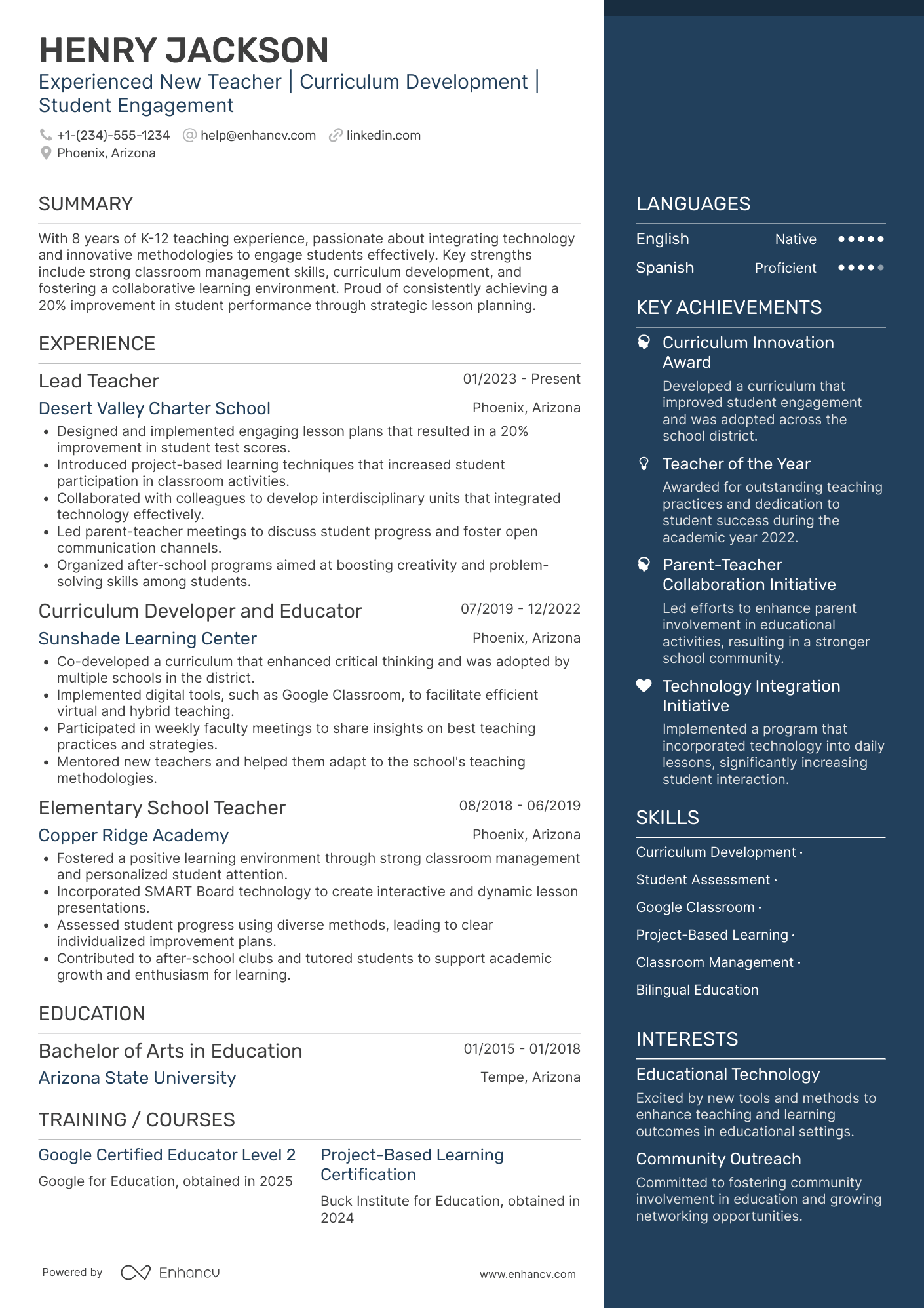 A resume example of a Experienced New Teacher