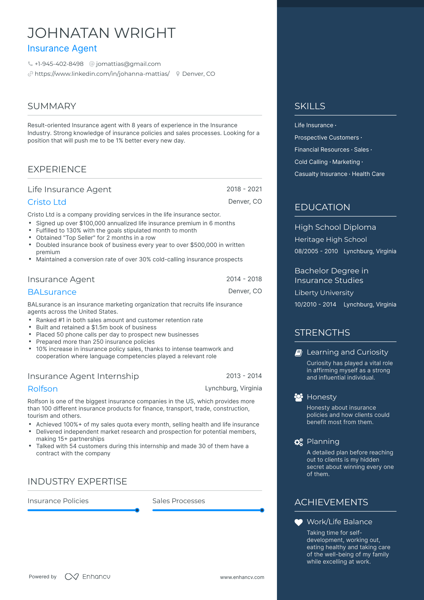 One Page Insurance Agent Resume Template