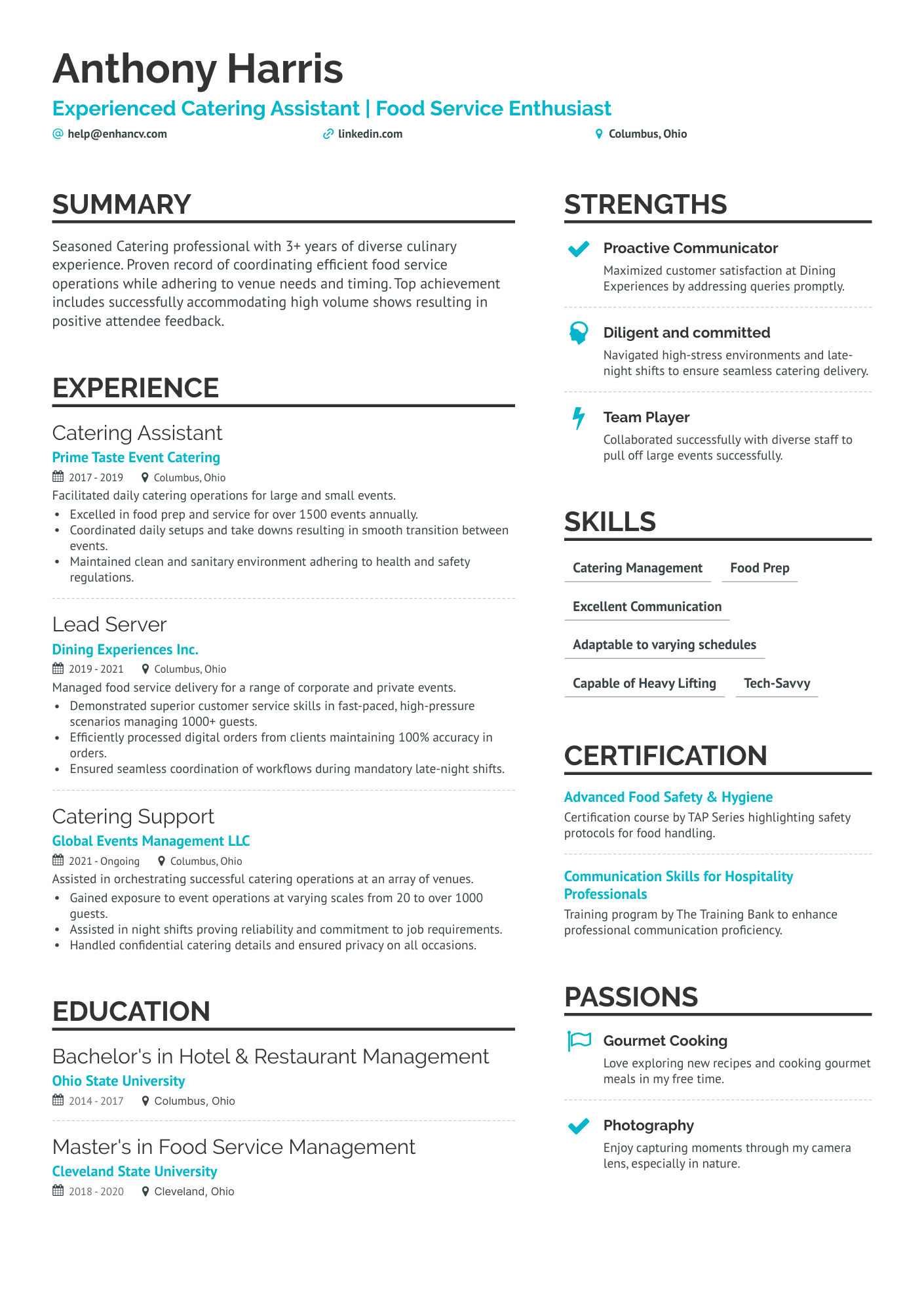 catering company profile sample resume