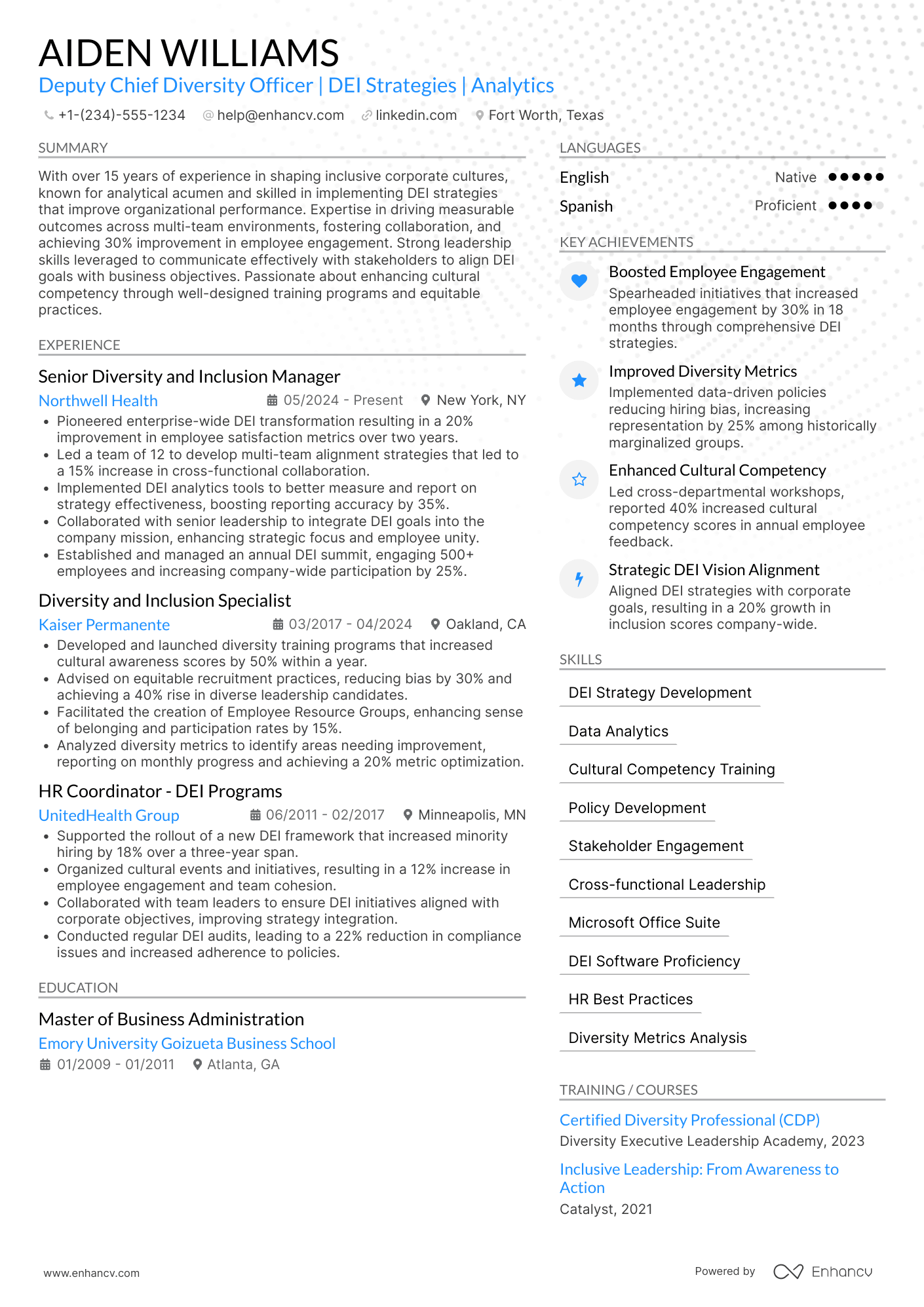 A resume example of a Deputy Chief Diversity Officer