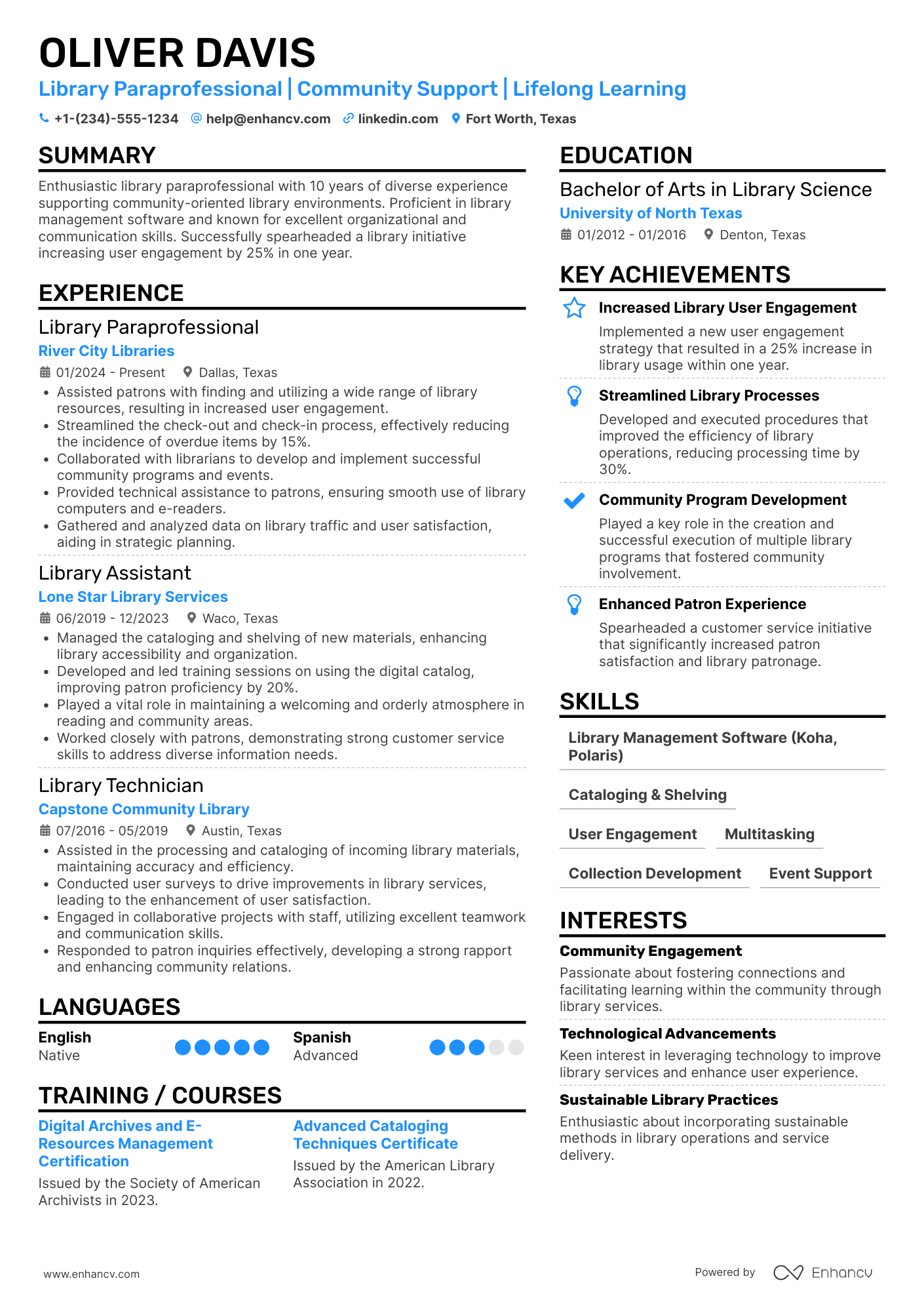 A resume example of a Library Paraprofessional