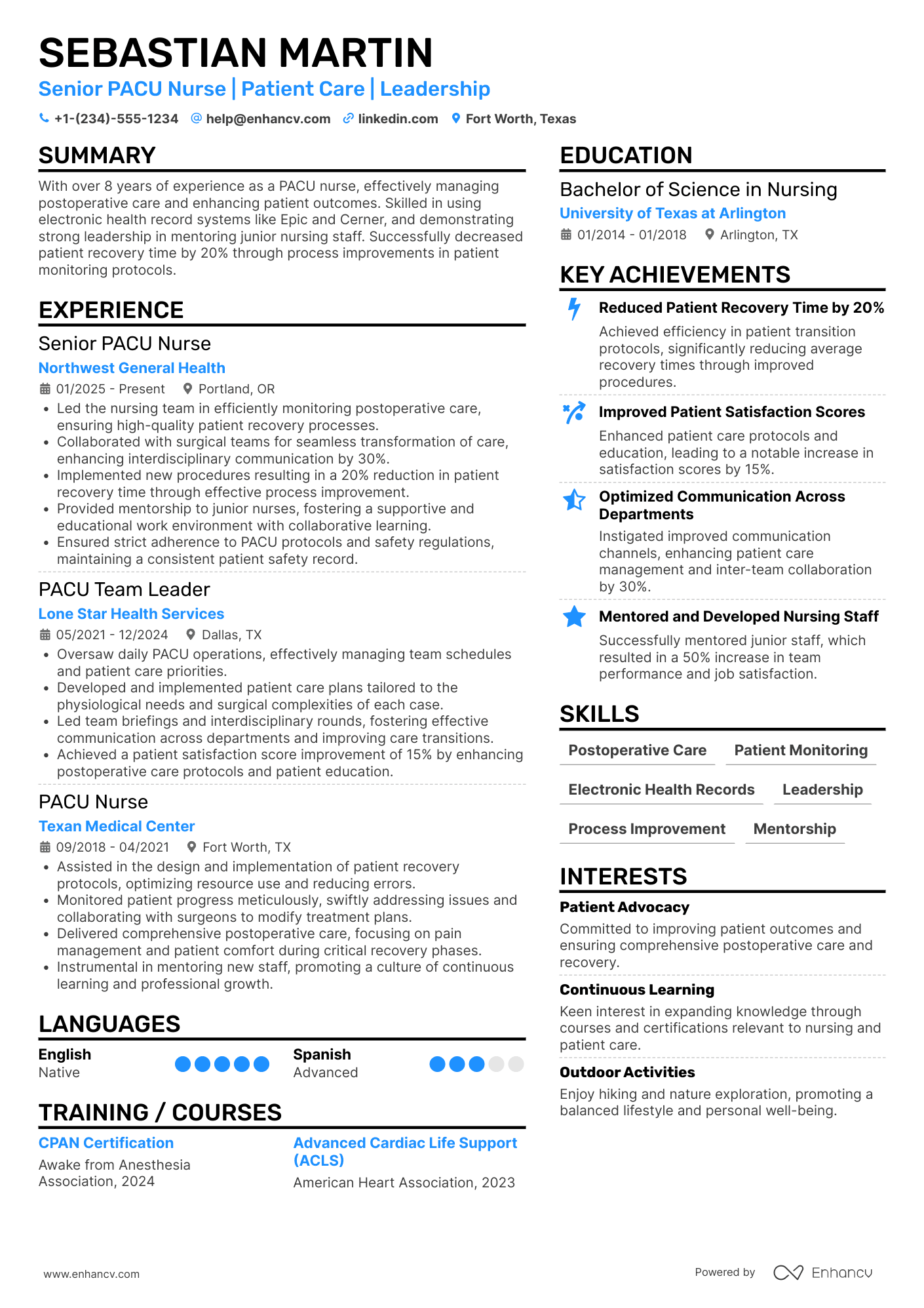 A resume example of a Senior PACU Nurse