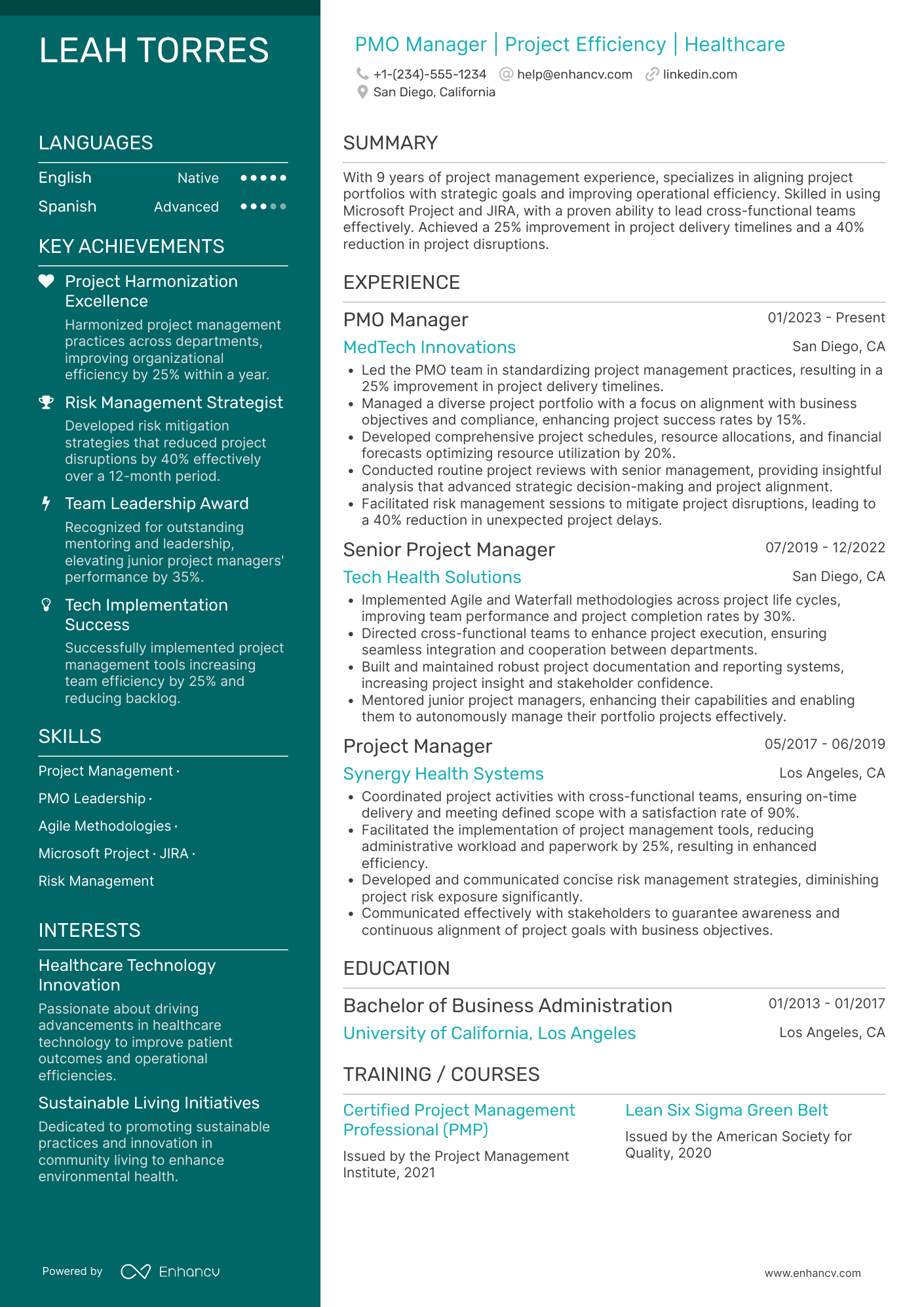 A resume example of a Mid Level PMO Manager
