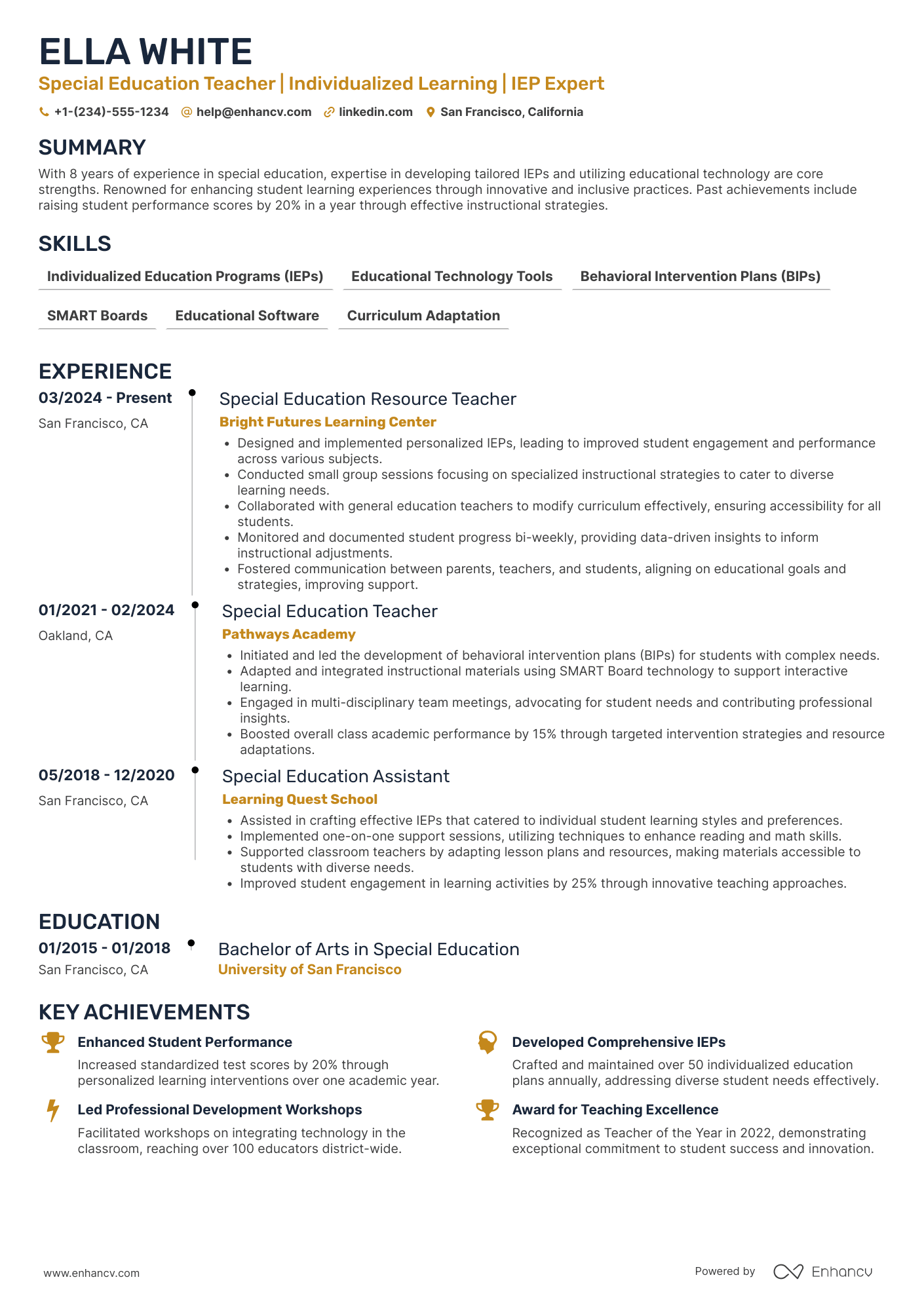 A resume example of a Special Education Resource Teacher