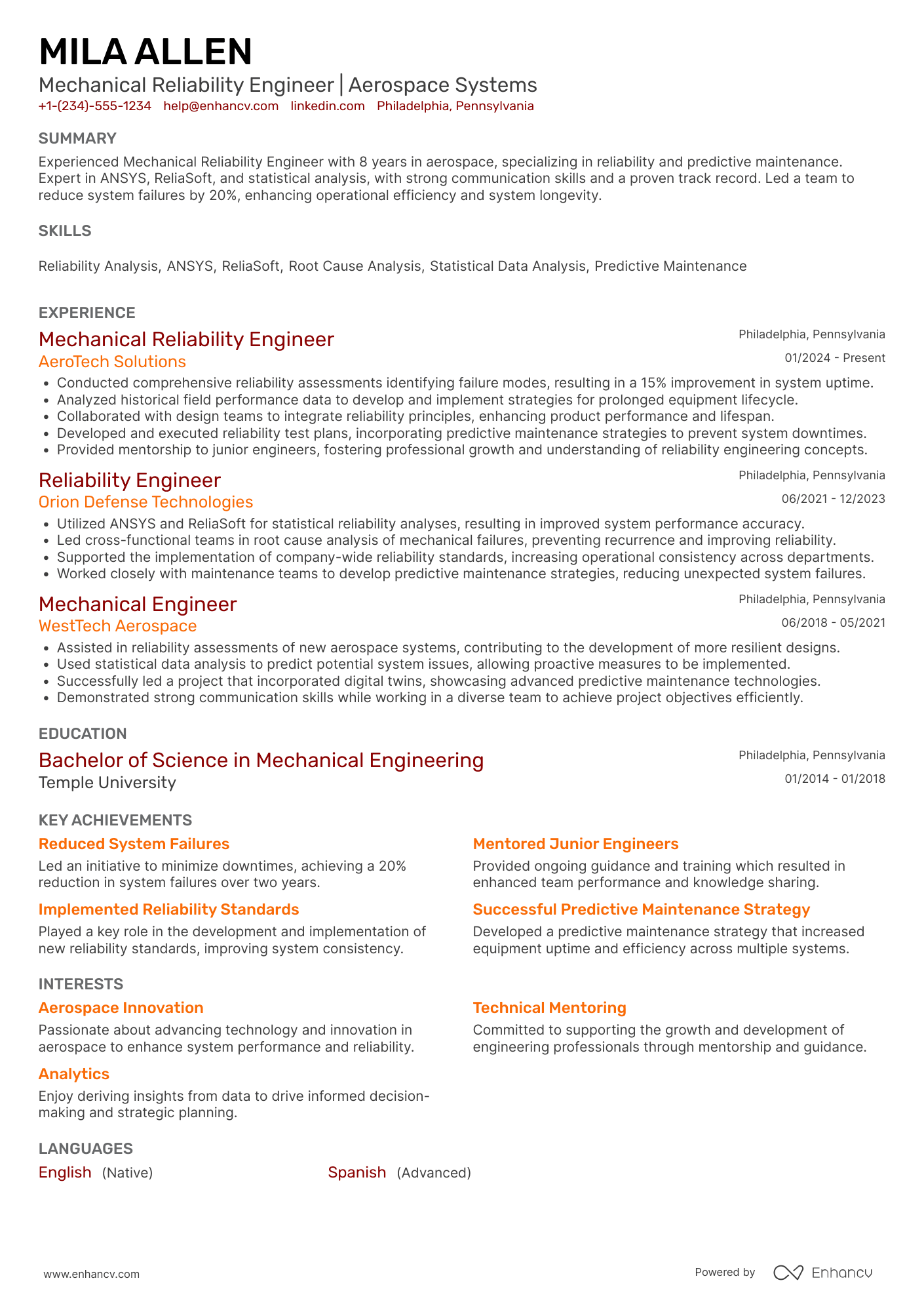 A resume example of a Mechanical Reliability Engineer
