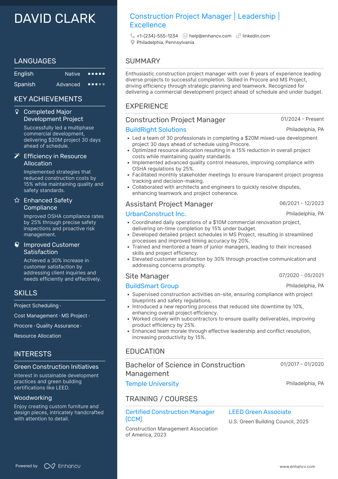 A resume example of a Construction Project Manager
