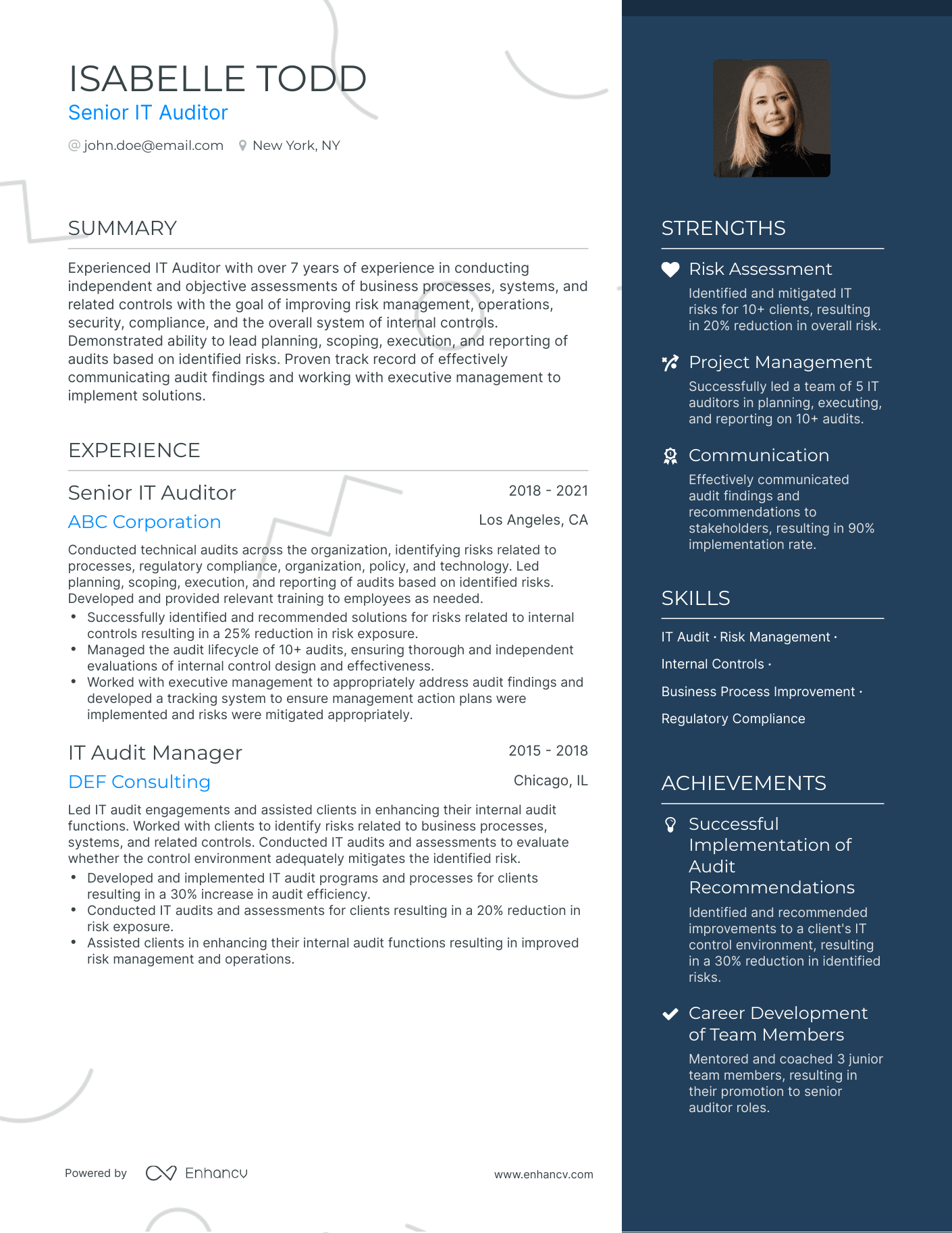 One Page IT Auditor Resume Template