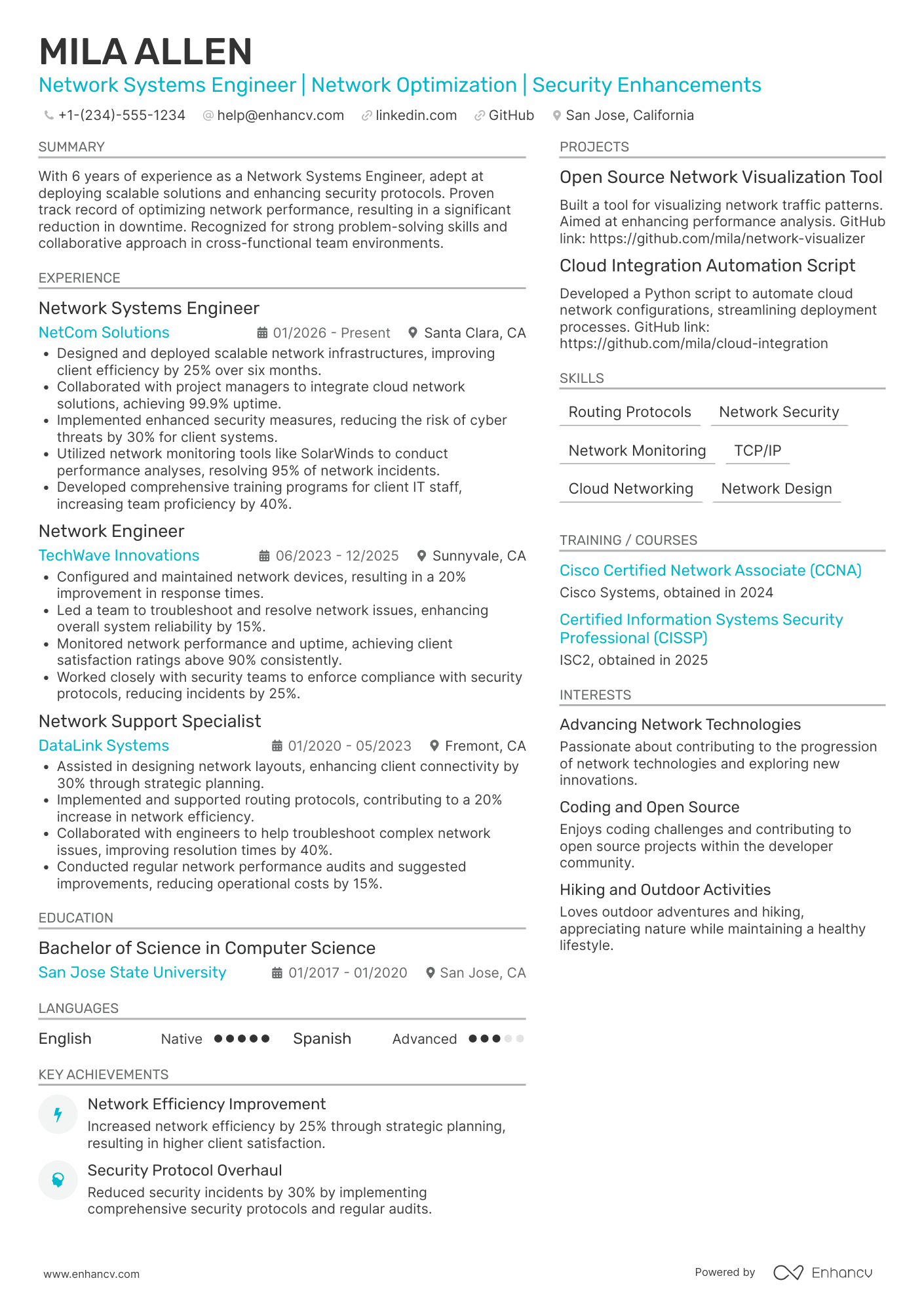 A resume example of a Network Systems Engineer