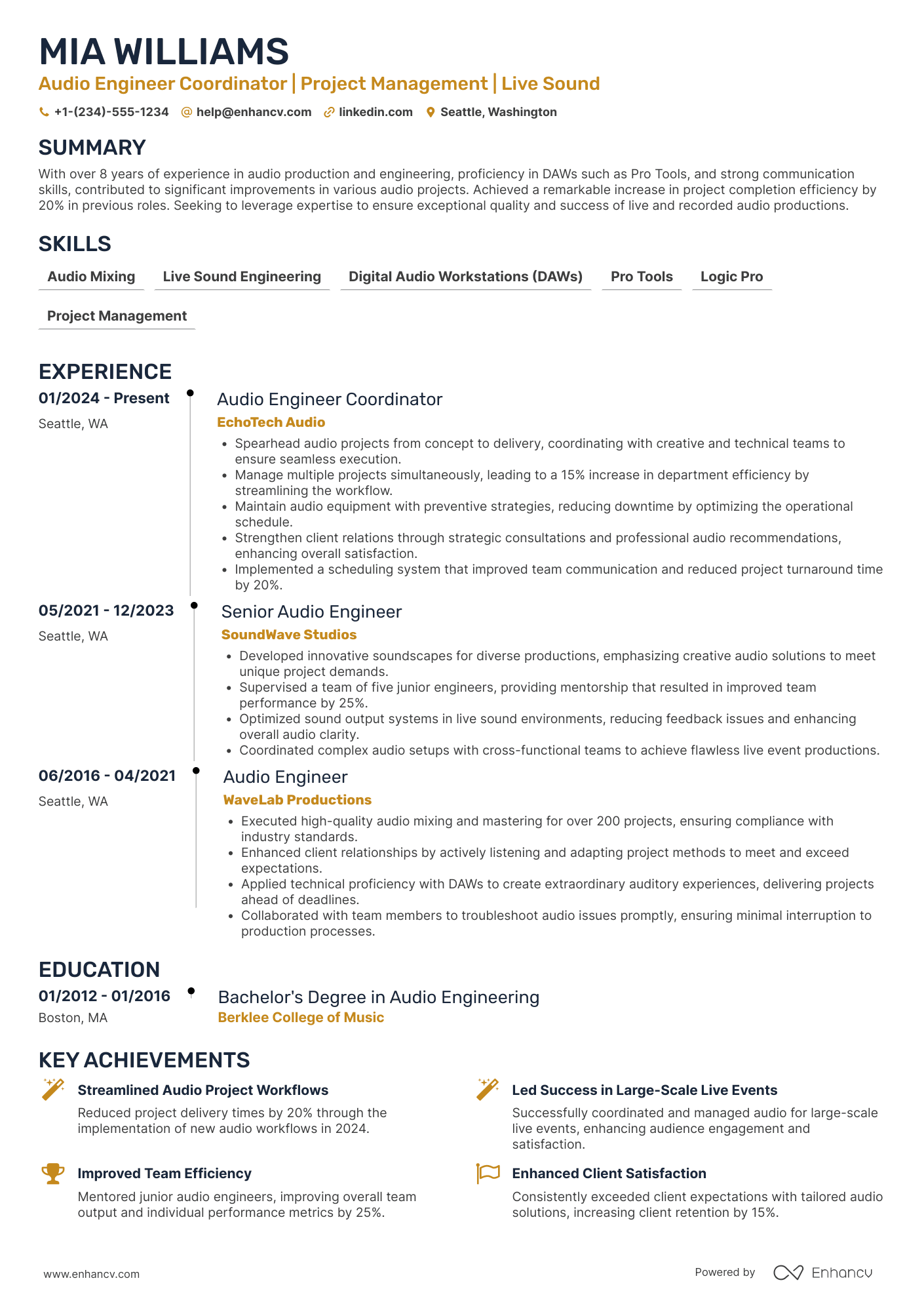 A resume example of a Audio Engineer Coordinator