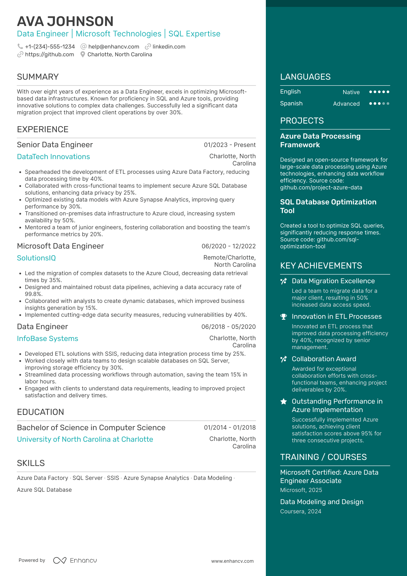A resume example of a Microsoft Data Engineer