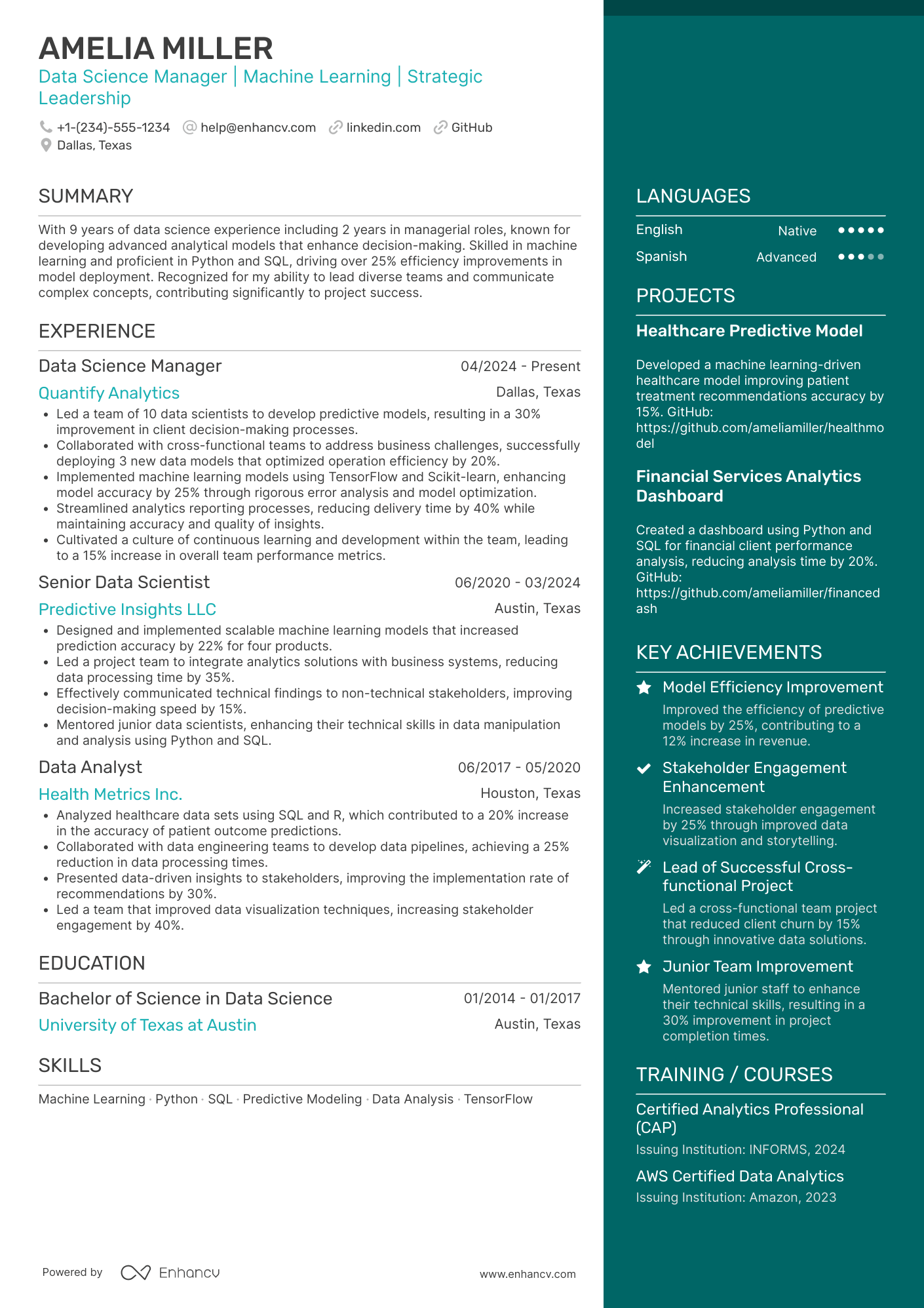 A resume example of a Data Science Manager