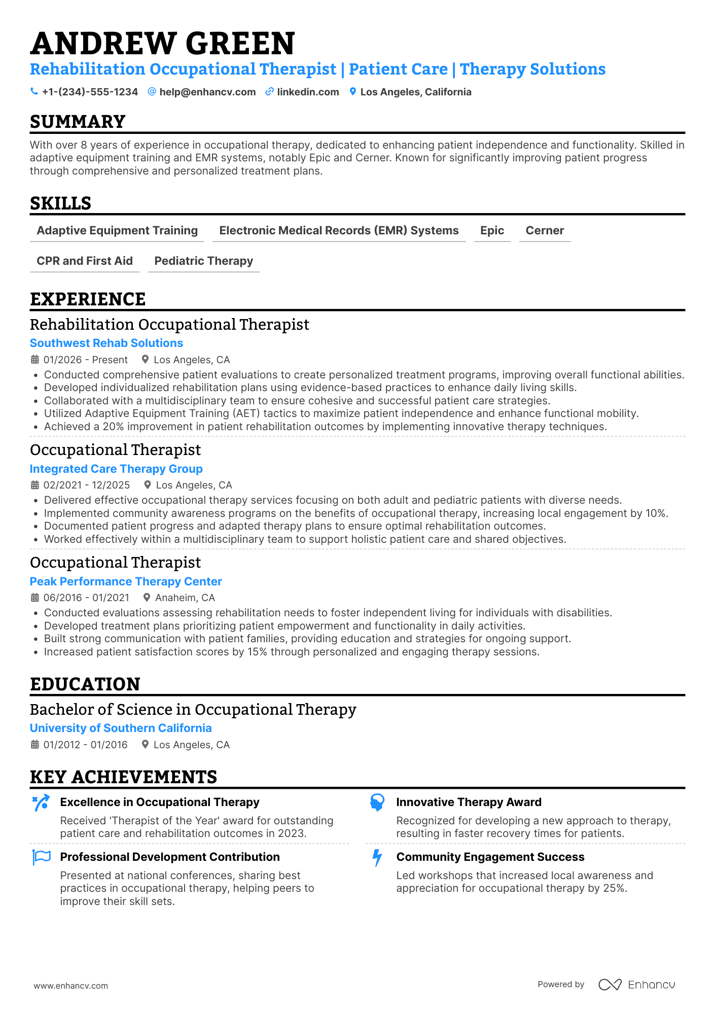 A resume example of a Rehabilitation Occupational Therapist