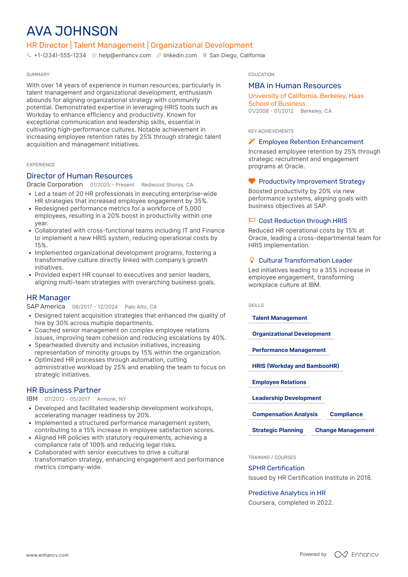 A resume example of a MBA Human Resources Director