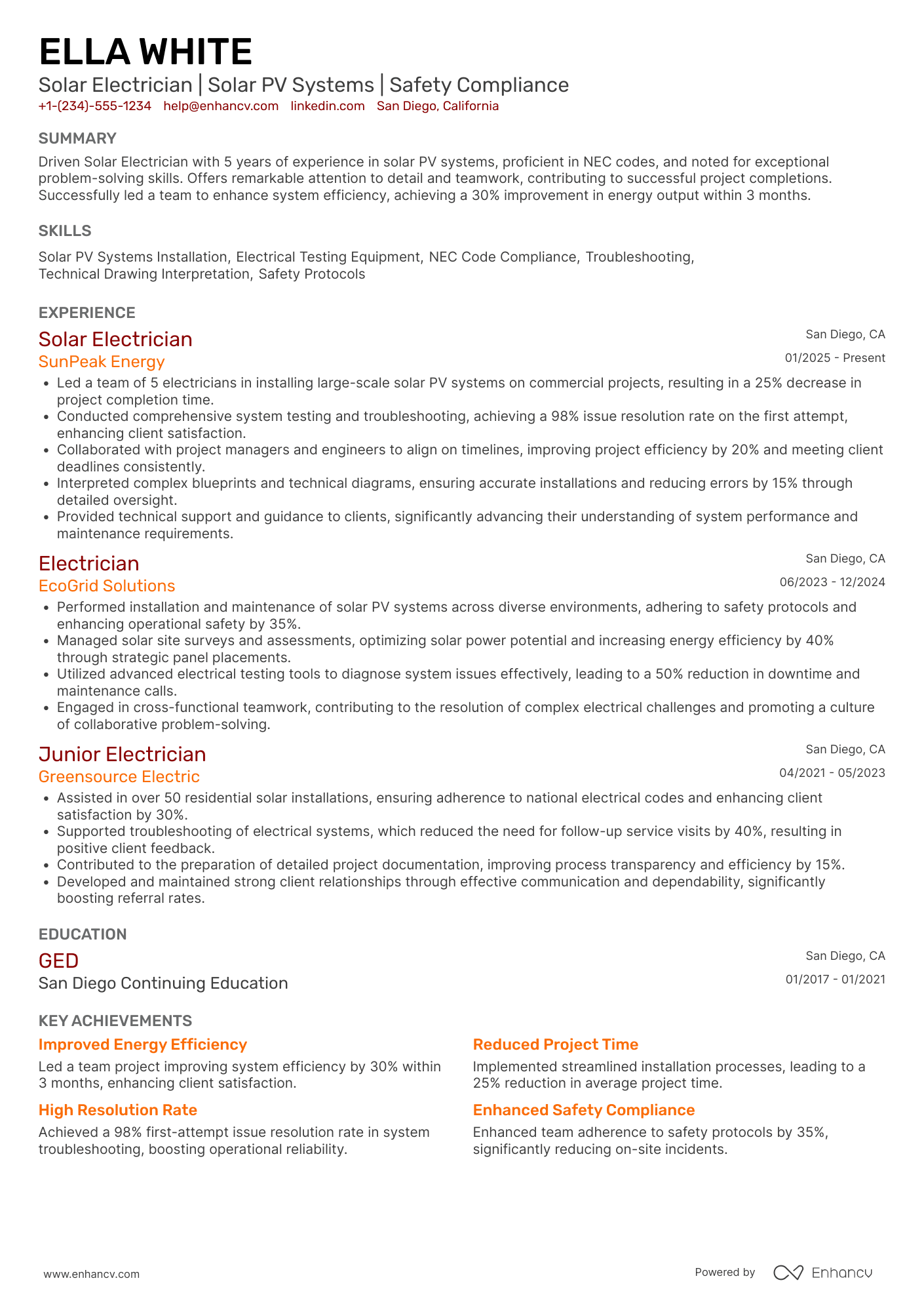 A resume example of a Solar Electrician