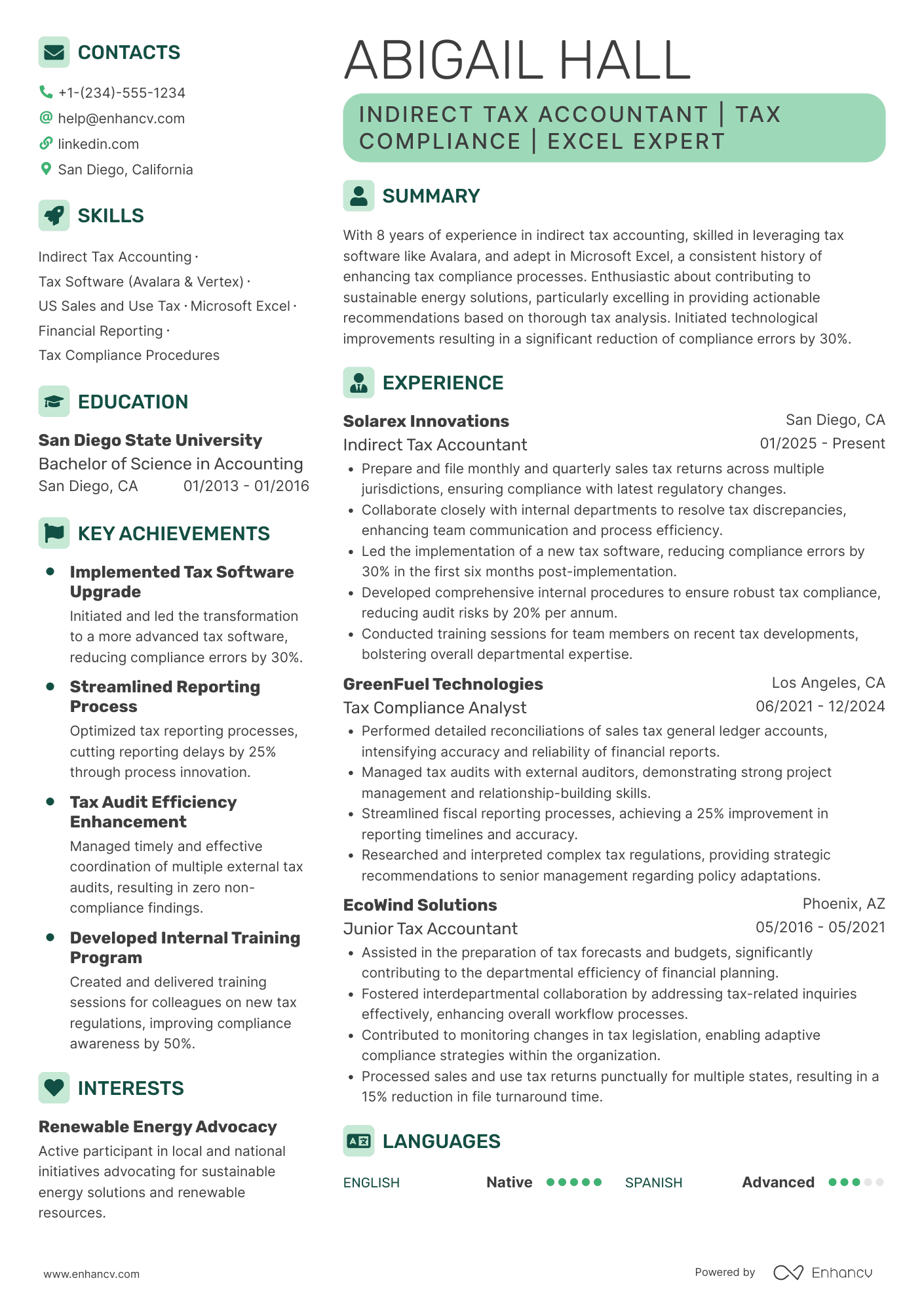 A resume example of a Indirect Tax Accountant