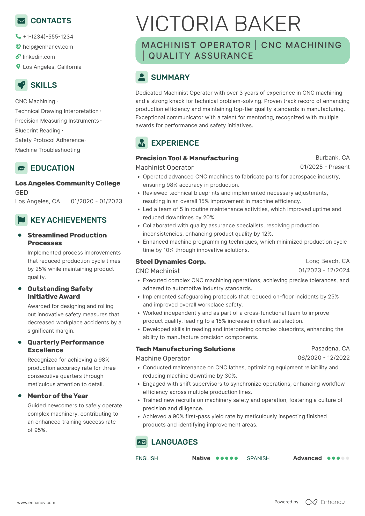 A resume example of a Machinist Operator