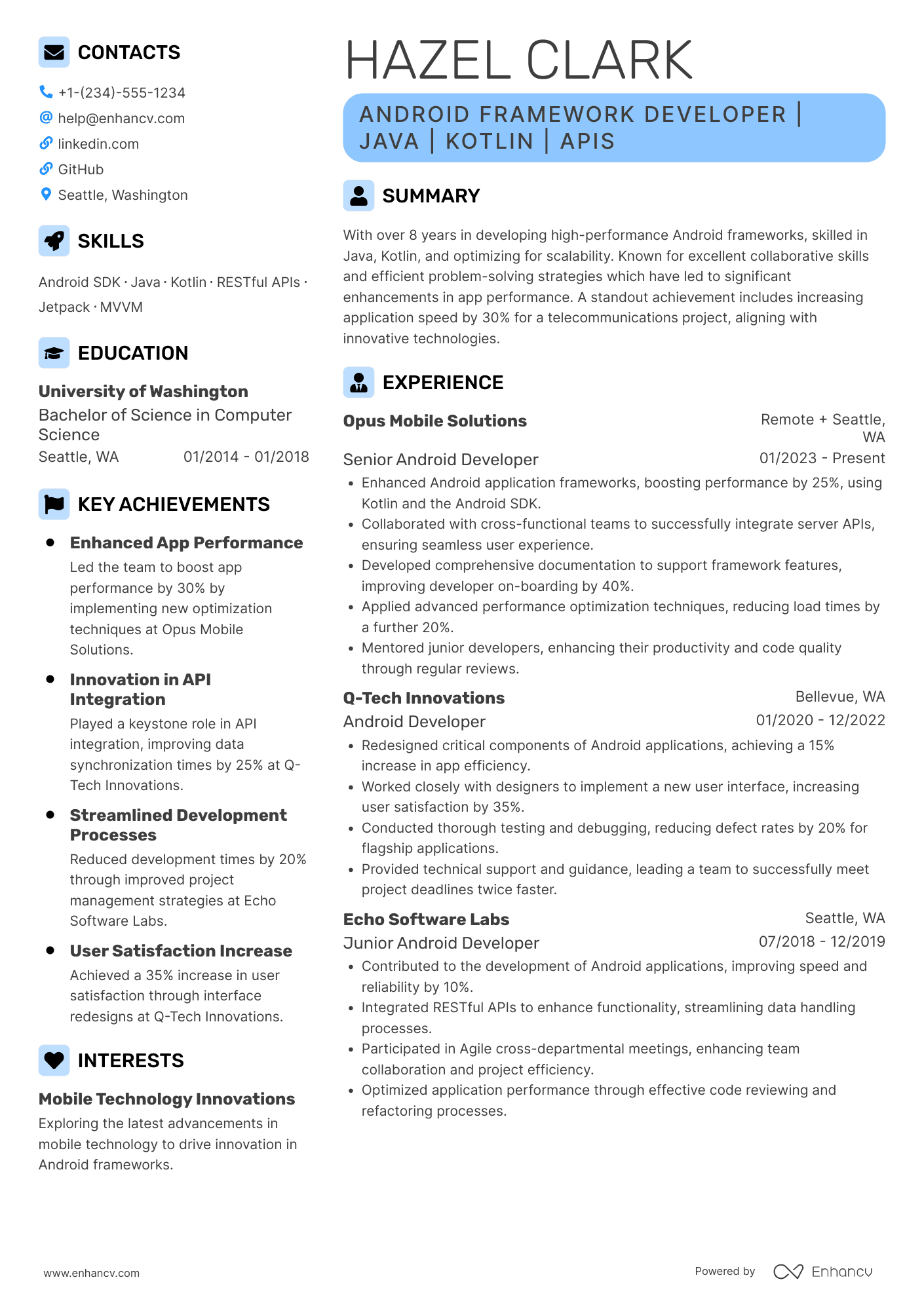A resume example of a Android Framework Developer