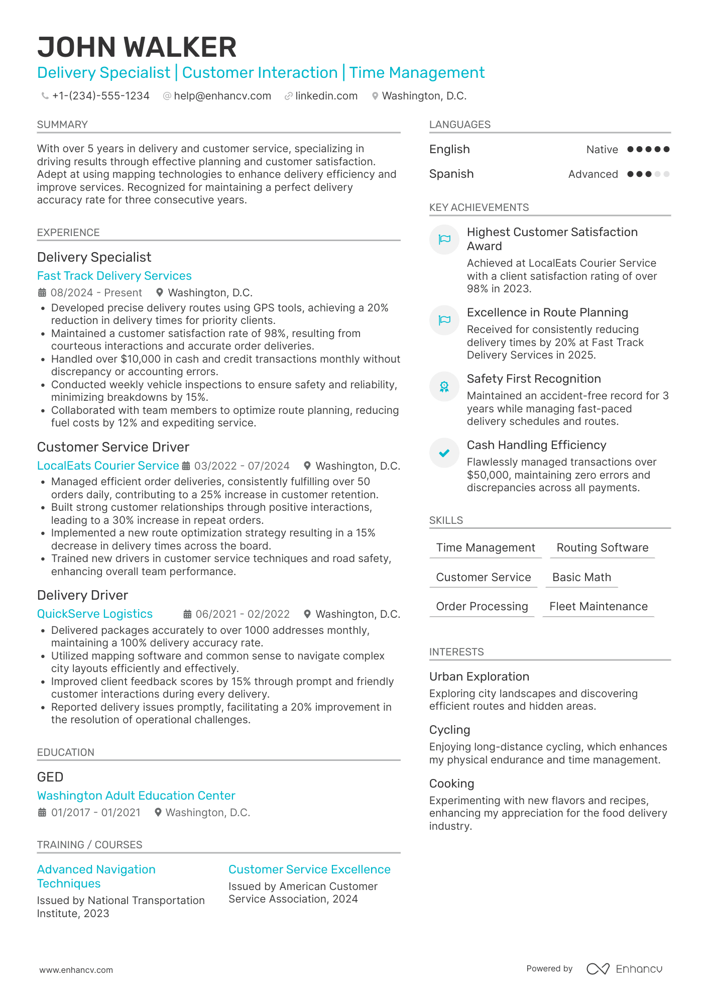 A resume example of a Pizza Delivery Driver