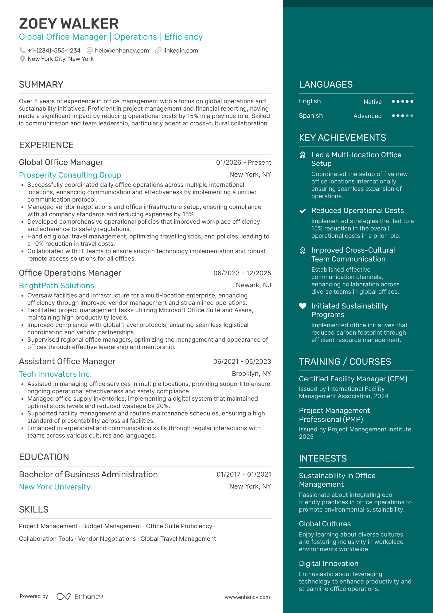 A resume example of a Global Office Manager