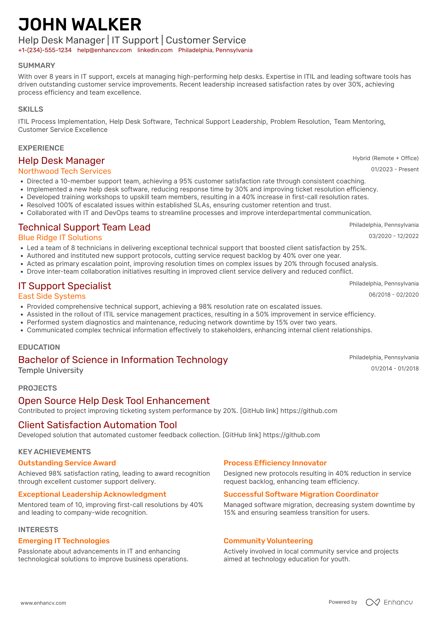 A resume example of a Help Desk Manager