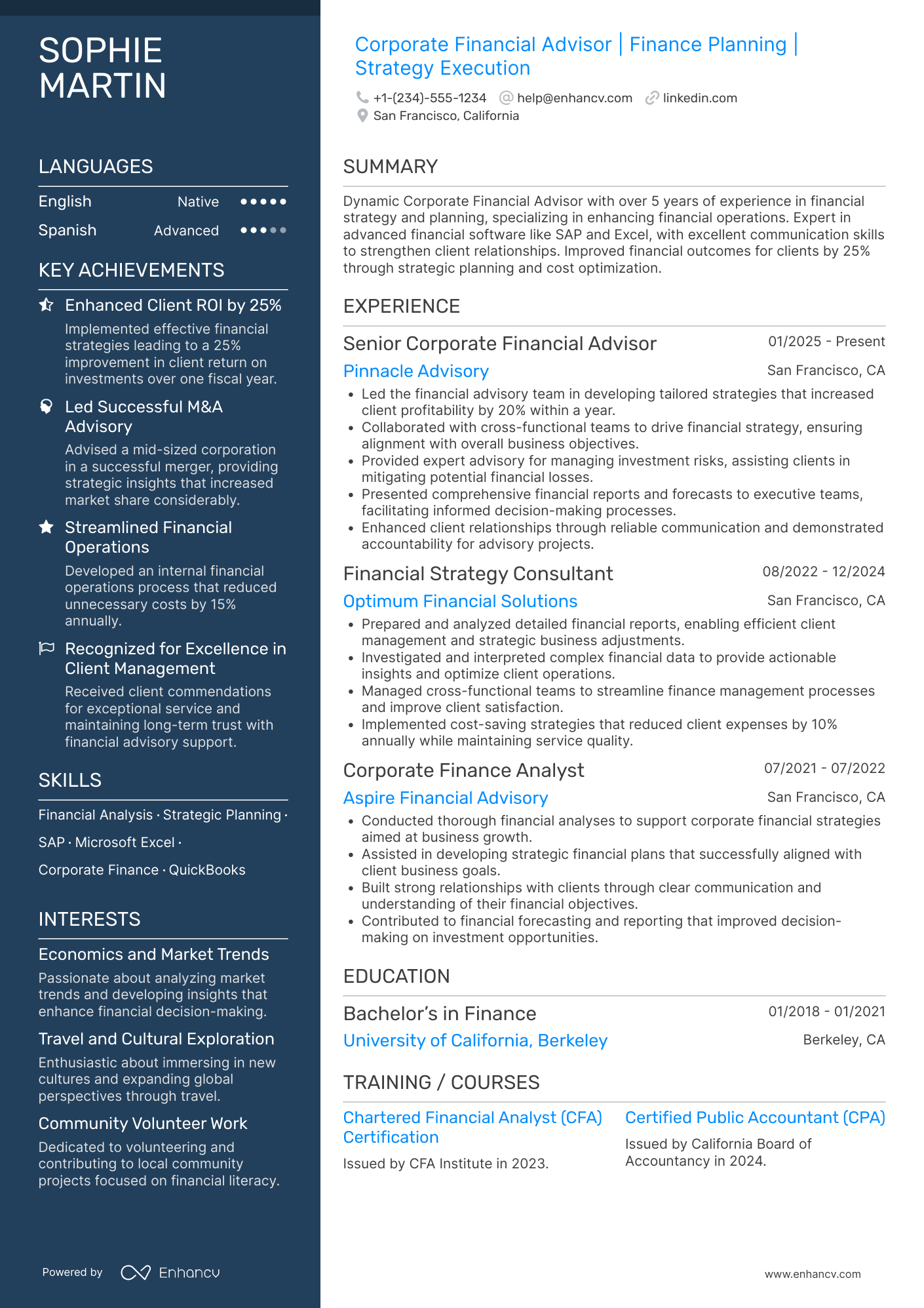 A resume example of a Corporate Financial Advisor