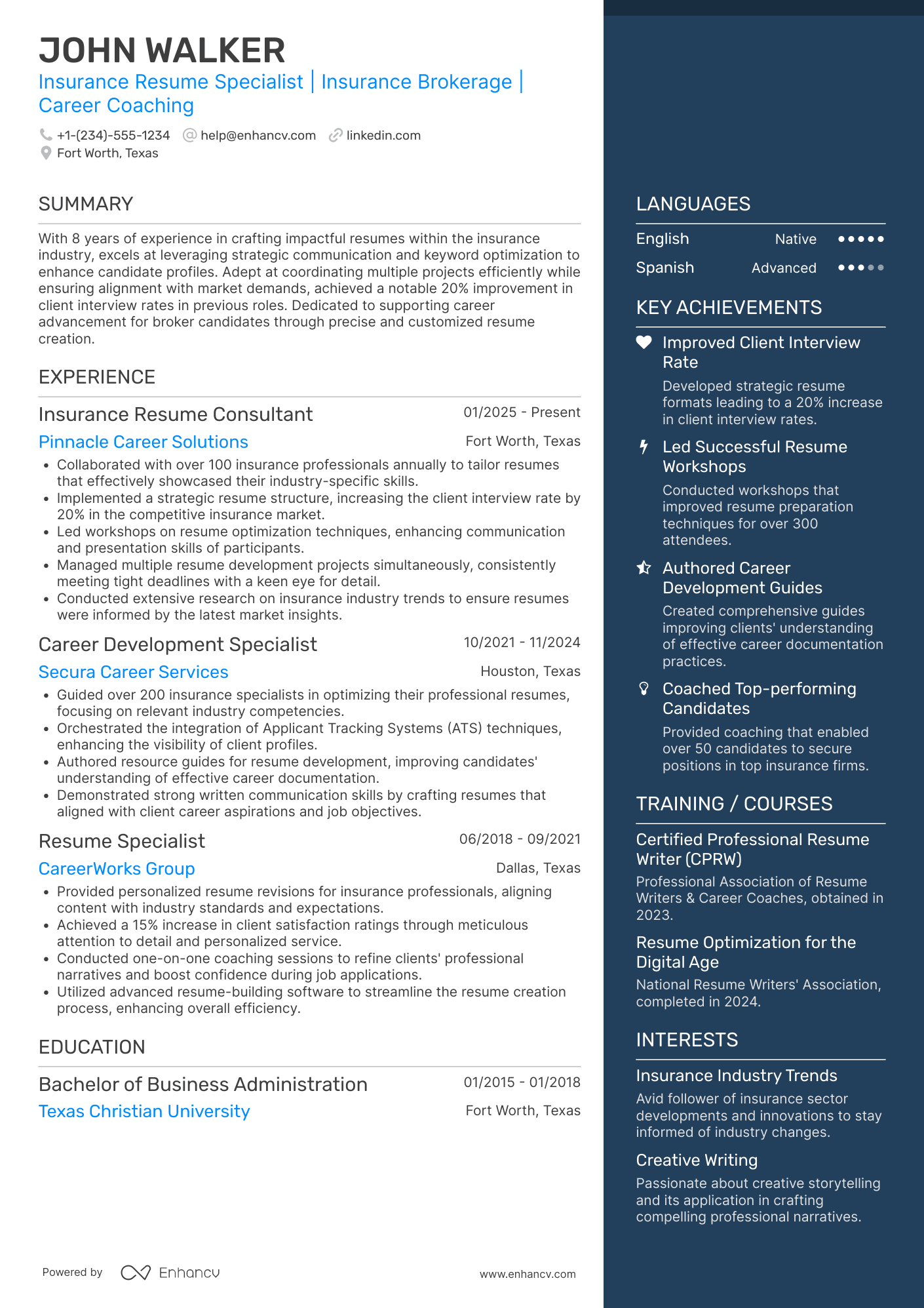 A resume example of a Insurance Broker Resume