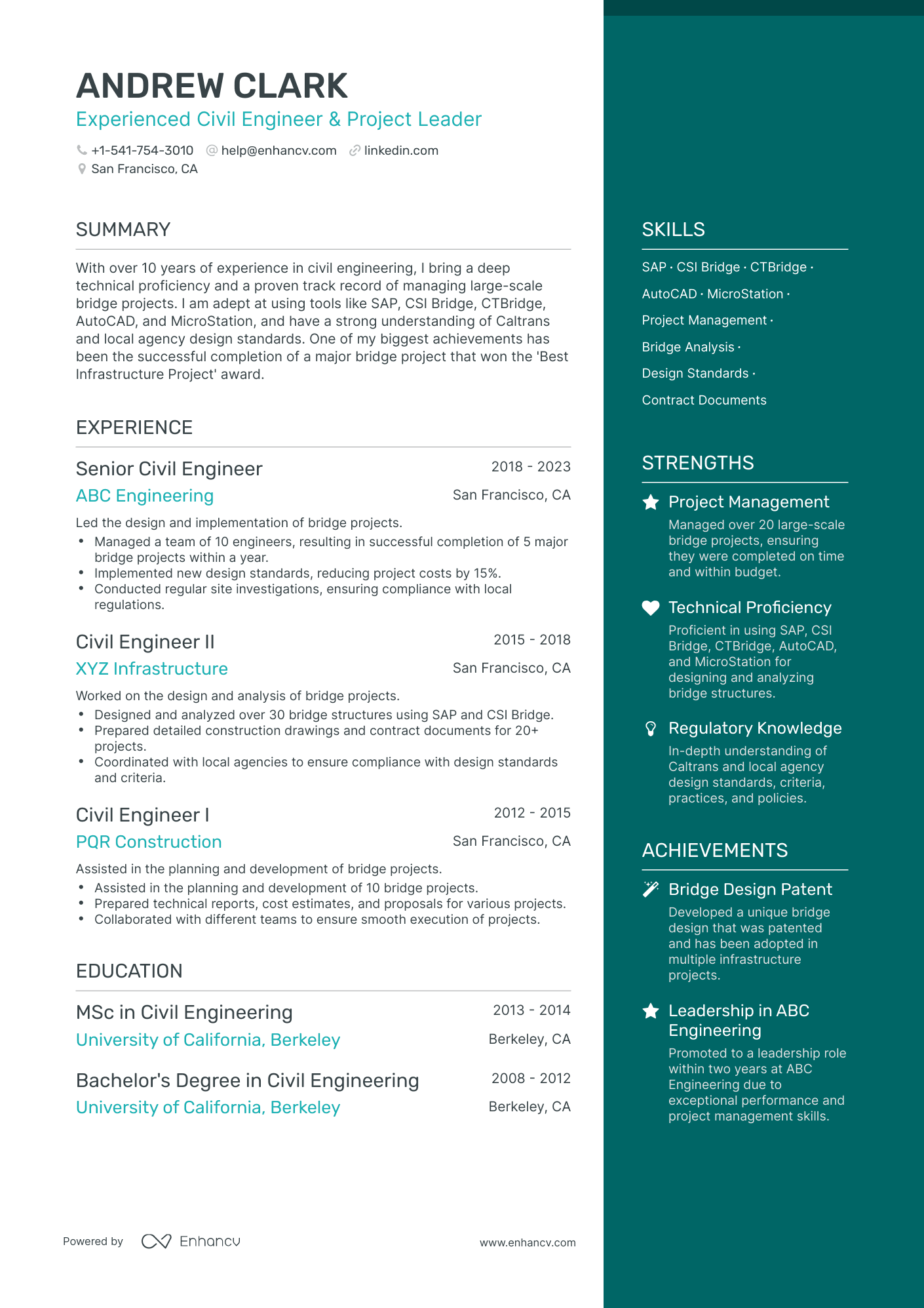 One Page Civil Engineer Resume Template