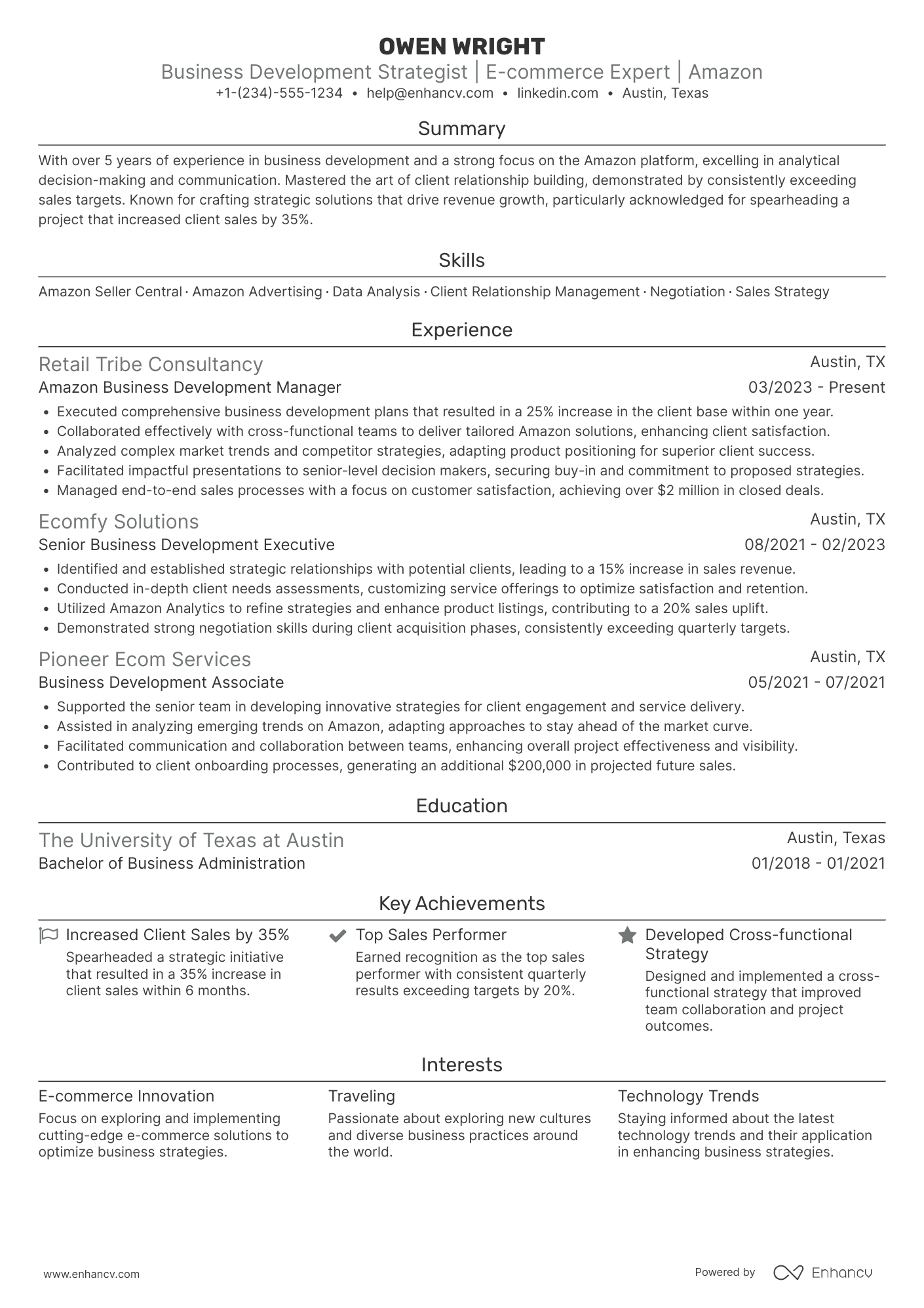 A resume example of a Amazon Business Development Manager