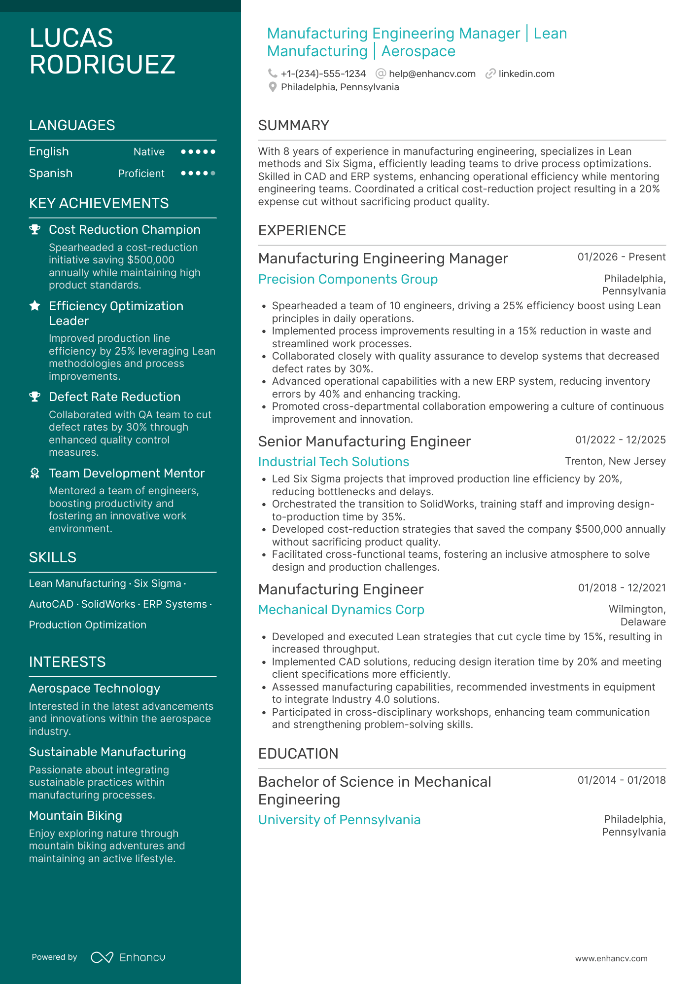 A resume example of a Manufacturing Engineering Manager