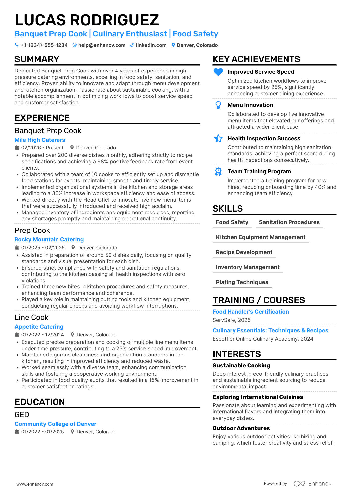 A resume example of a Banquet Prep Cook