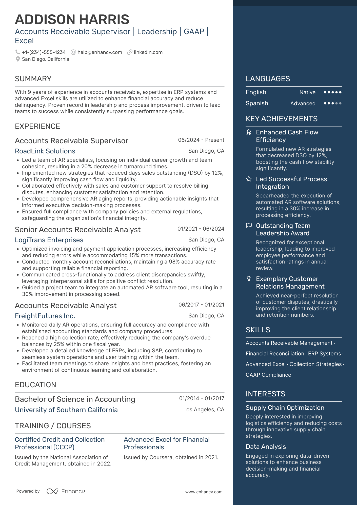 A resume example of a Accounts Receivable Supervisor