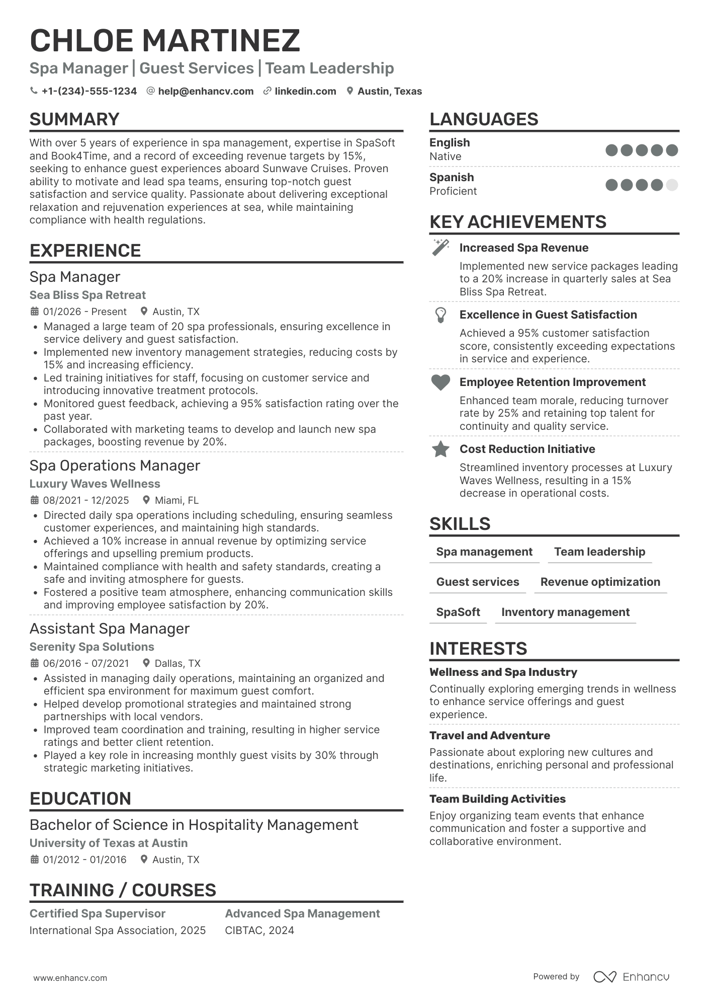 A resume example of a Cruise Ship Spa Manager