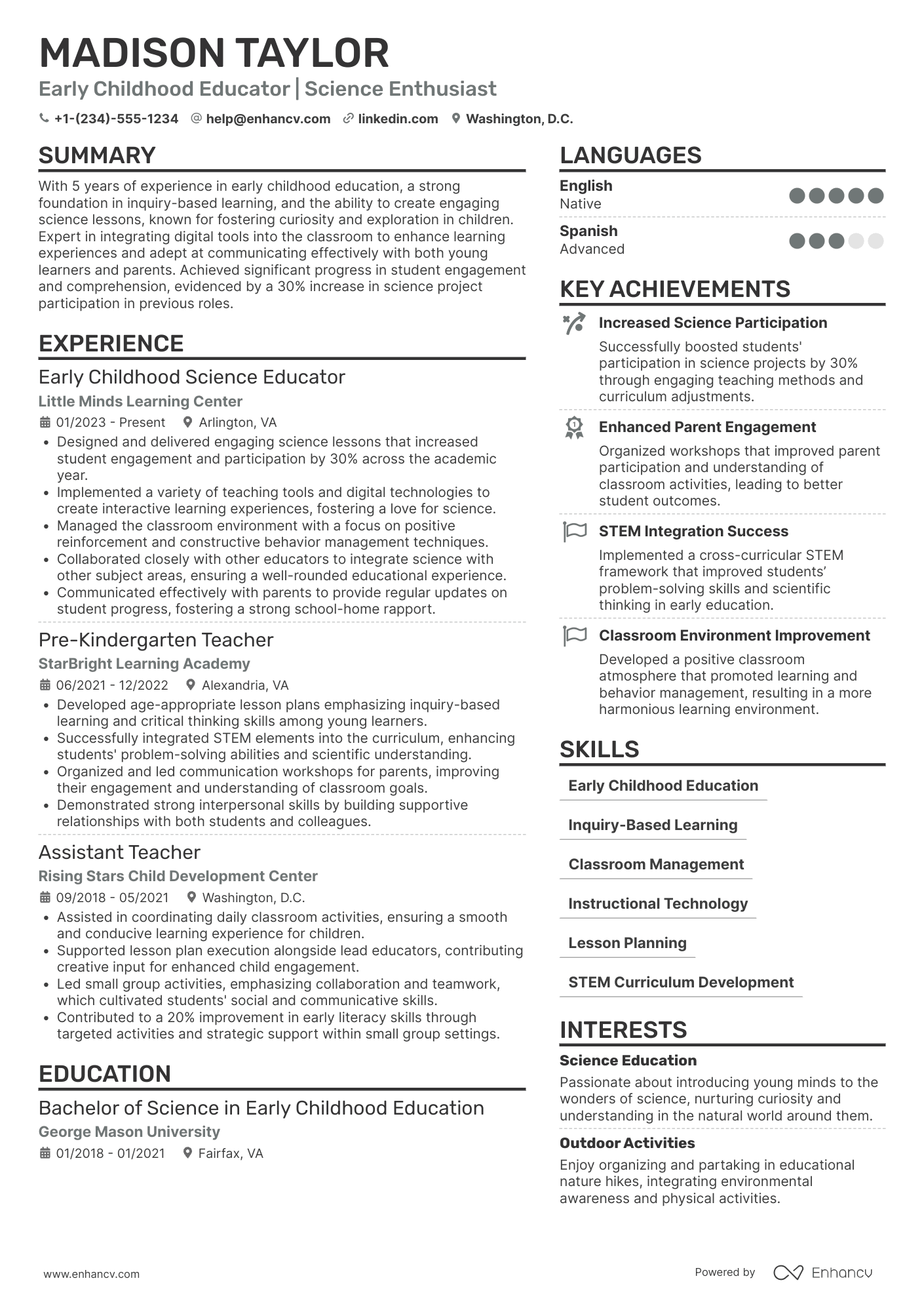 A resume example of a Early Childhood Science Teacher