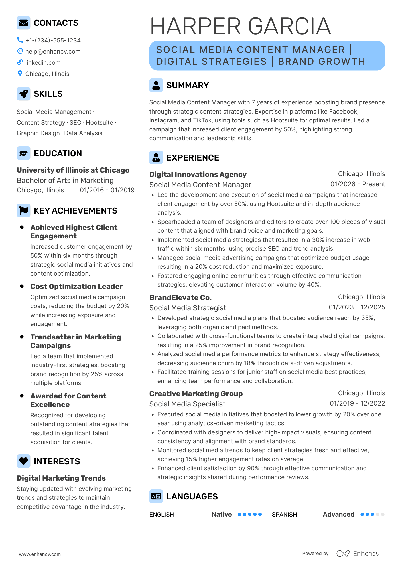 A resume example of a Social Media Content Manager