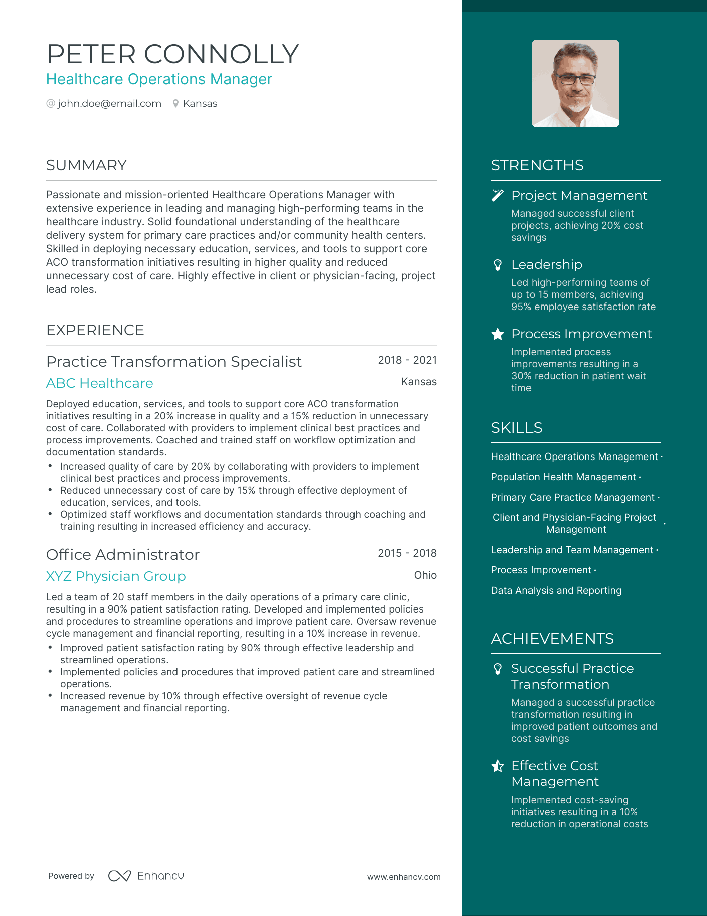 One Page Healthcare Operations Manager Resume Template