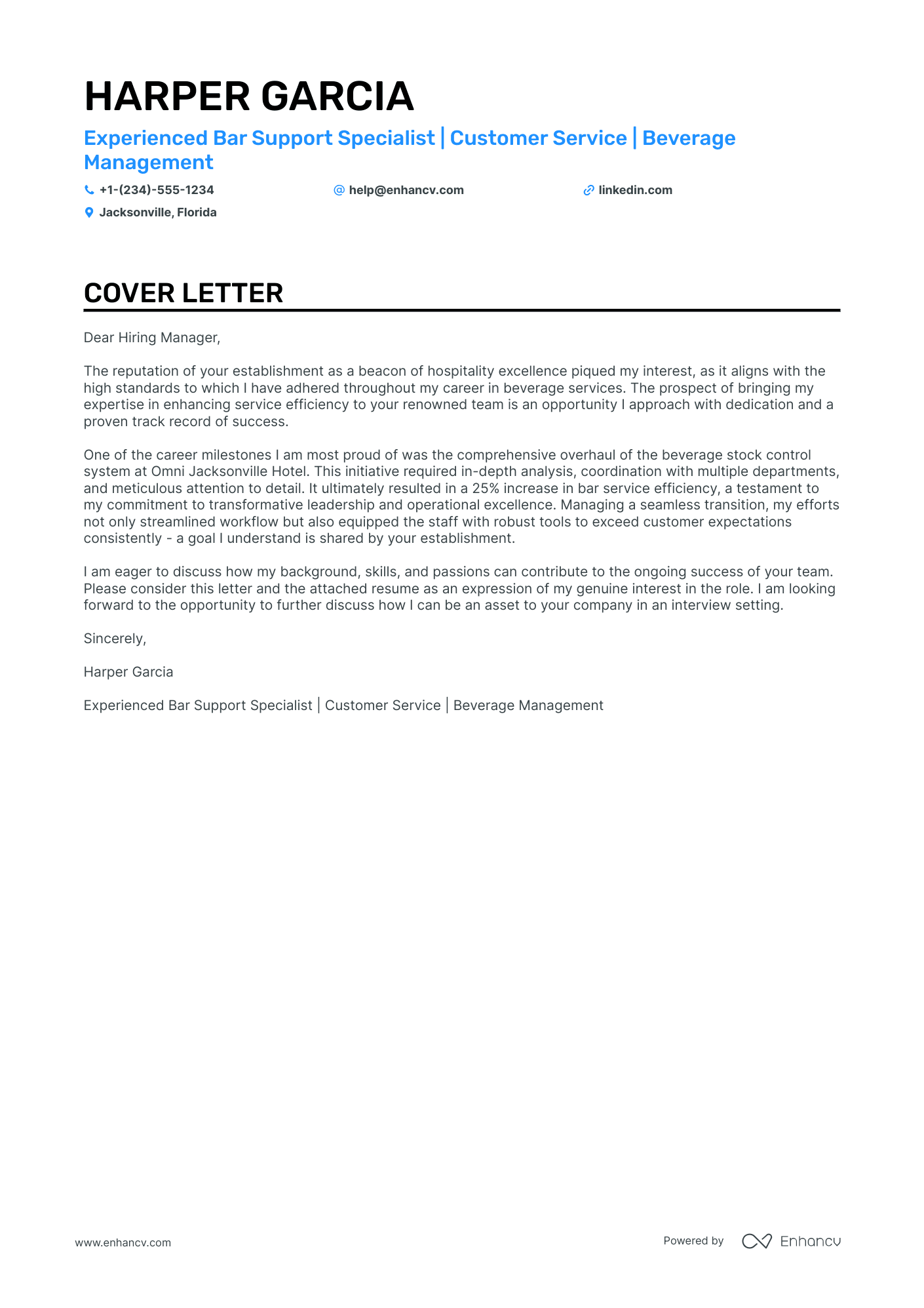 cover letter template for bartender