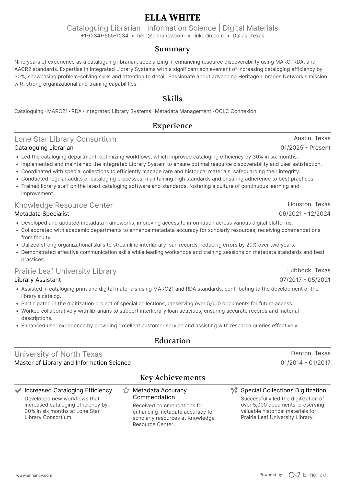 A resume example of a Cataloguing Librarian