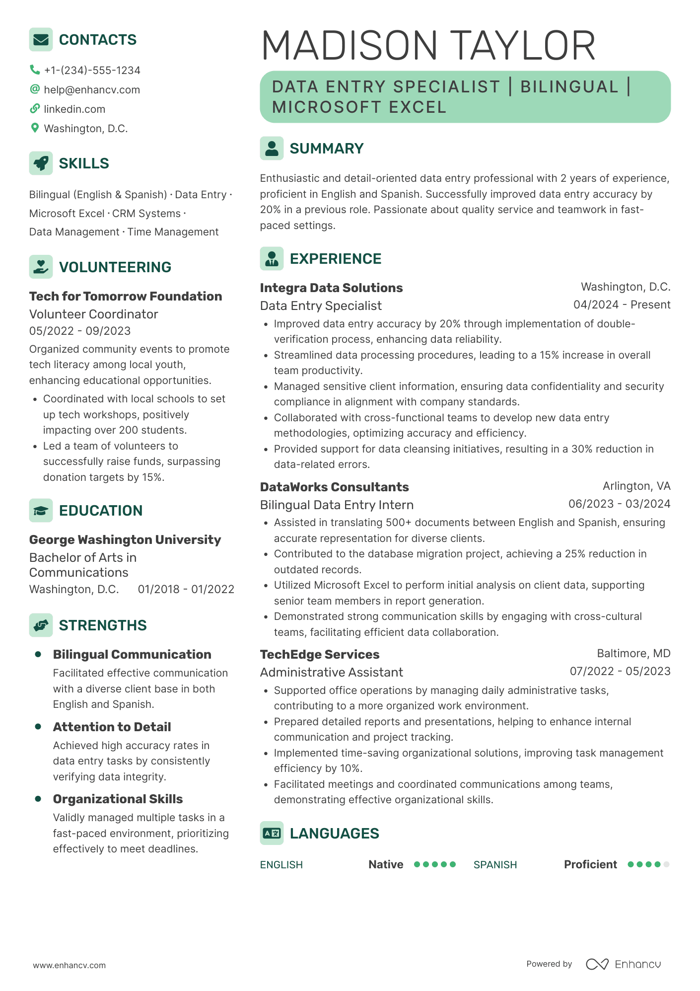 A resume example of a Bilingual Data Entry Clerk