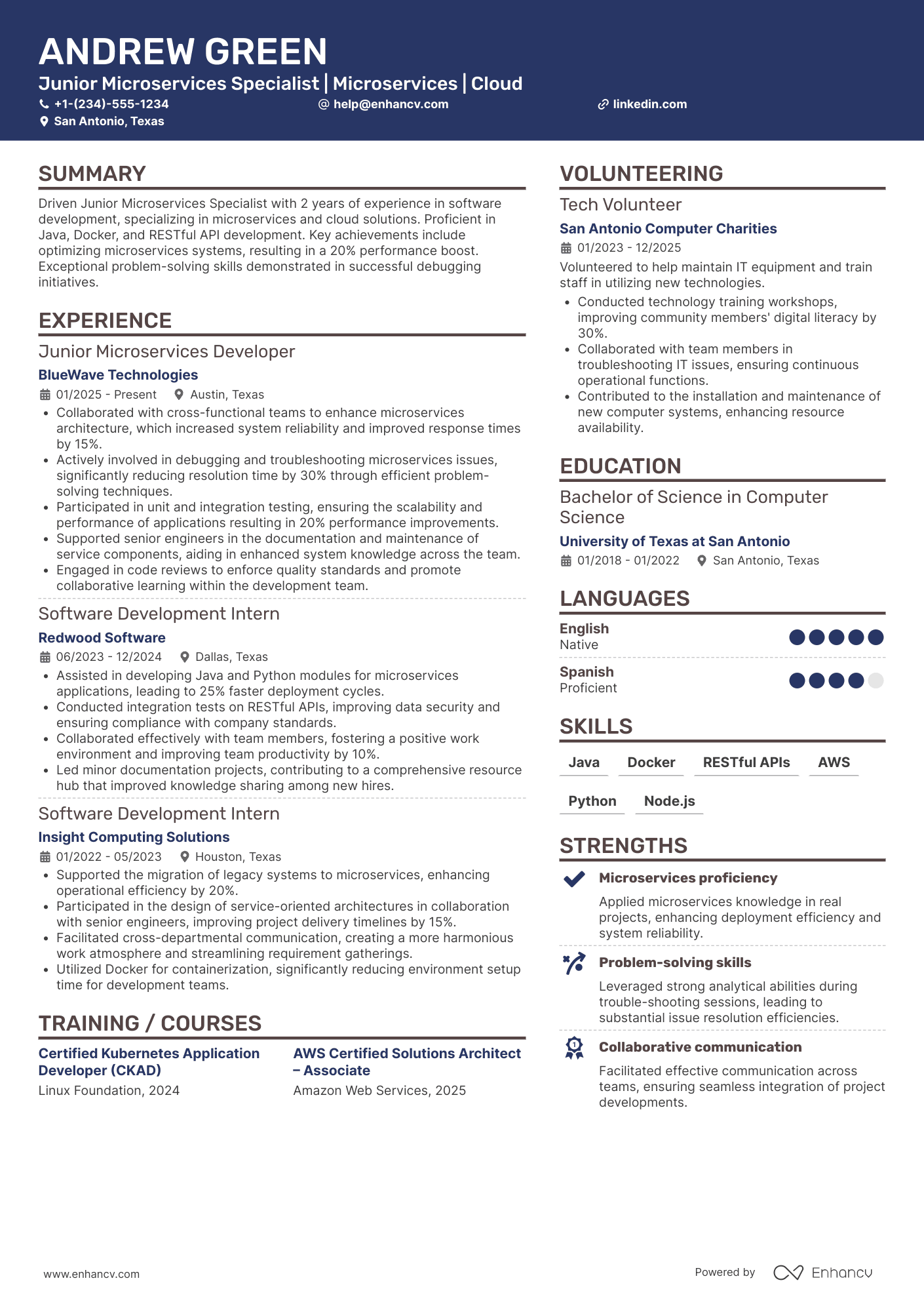 A resume example of a Junior Microservices Specialist