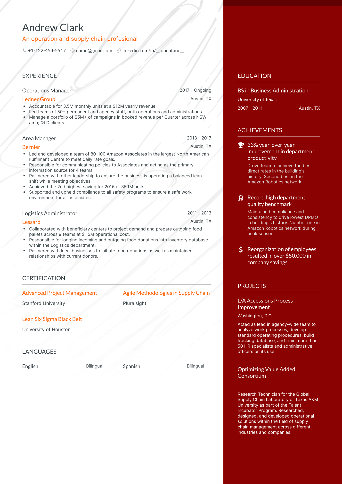 One Page Operations Manager Resume Template
