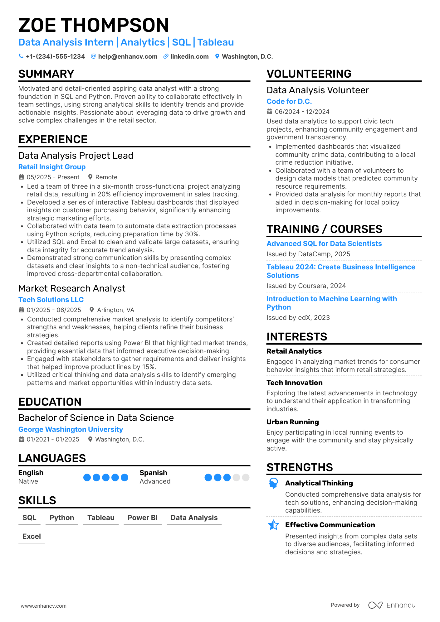 A resume example of a Data Analysis Intern