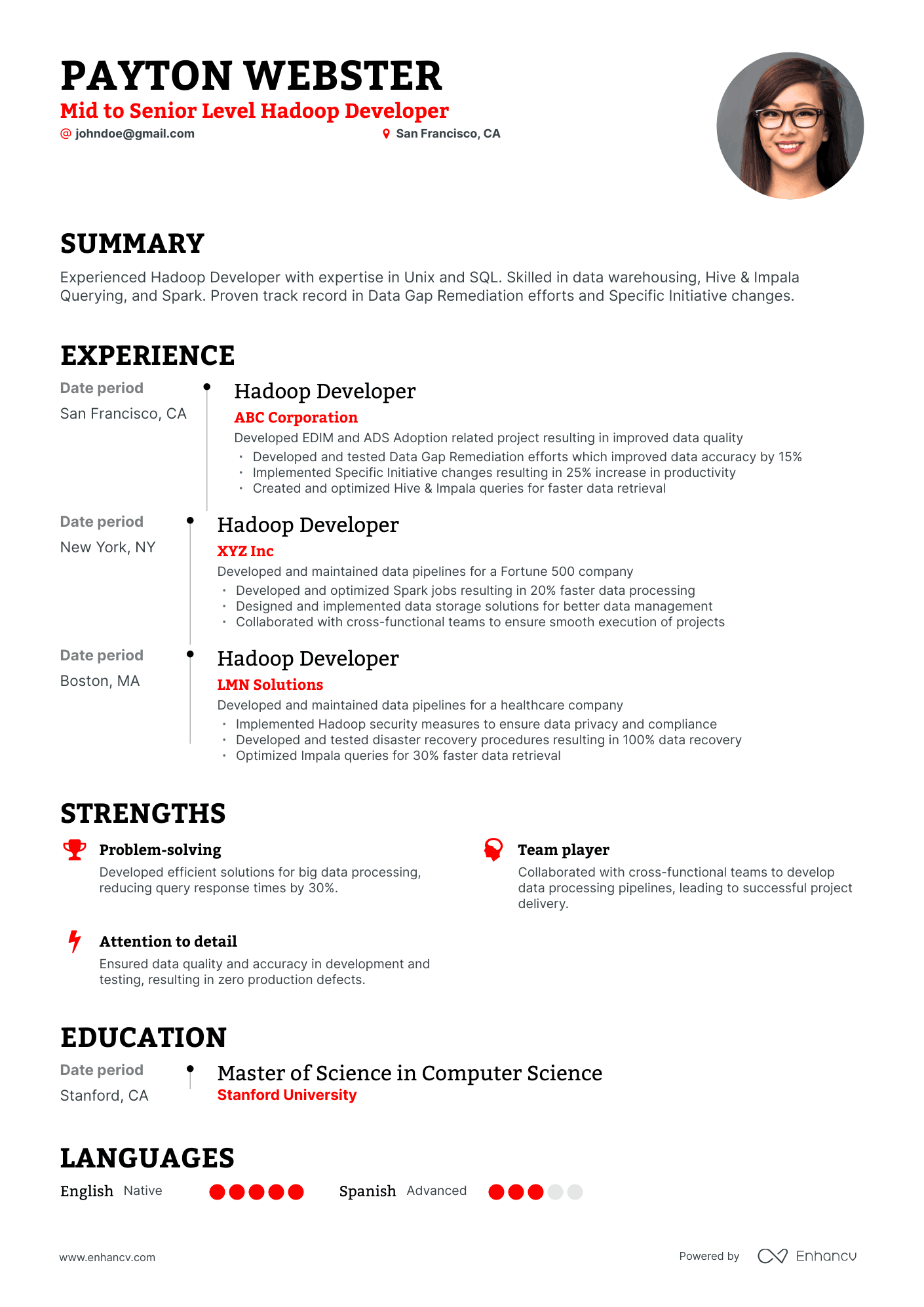 Timeline Hadoop Developer Resume Template