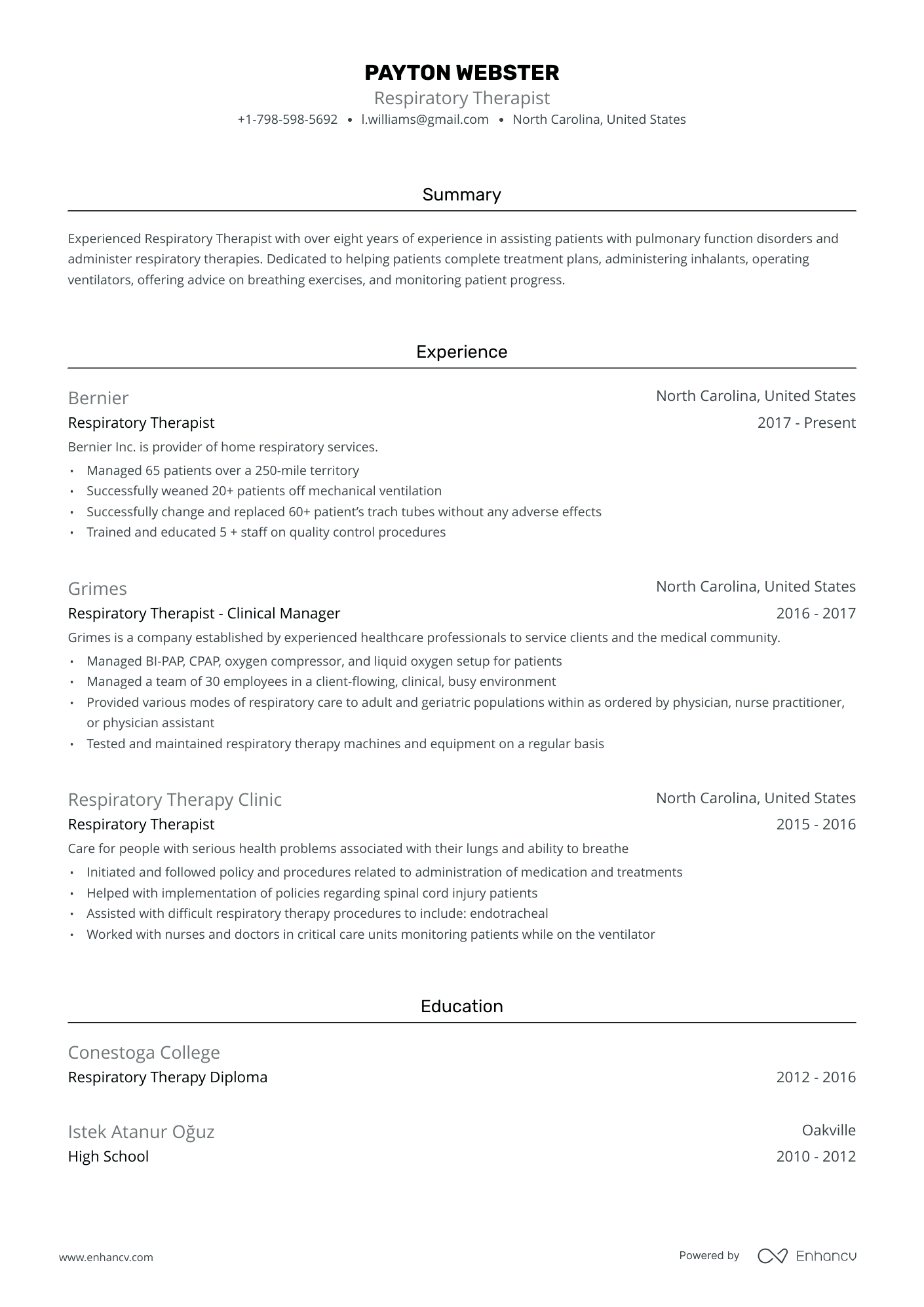 A resume example of a Respiratory Therapist