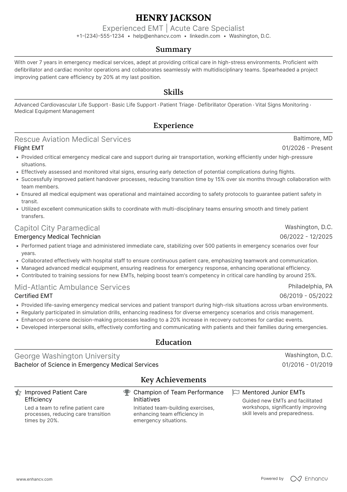 A resume example of a Flight EMT