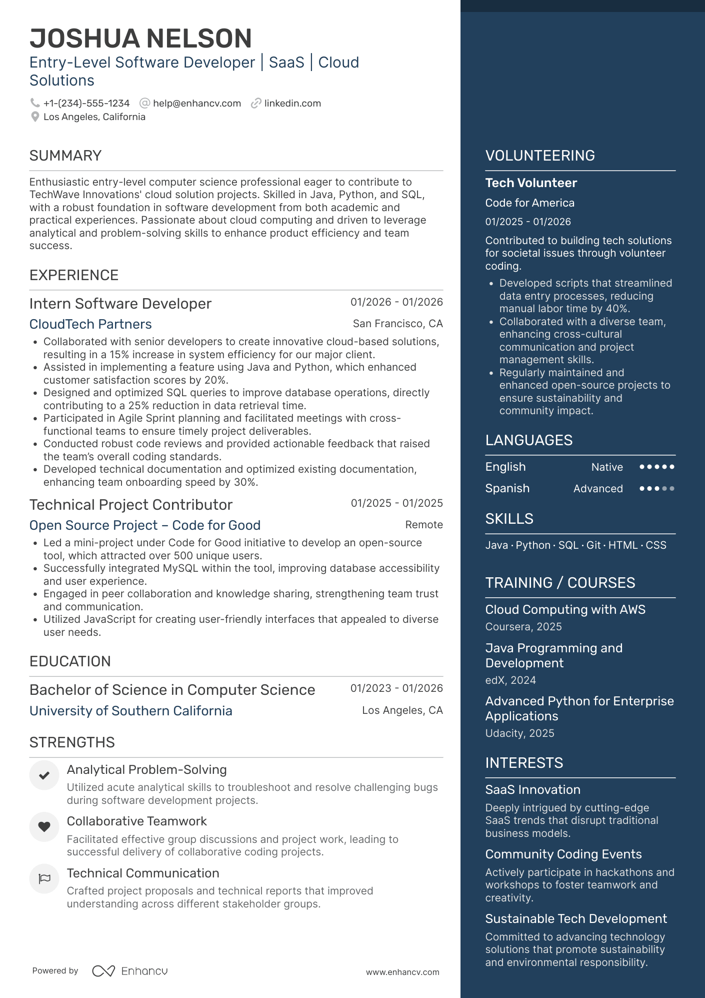 A resume example of a Entry Level Computer Science Professional
