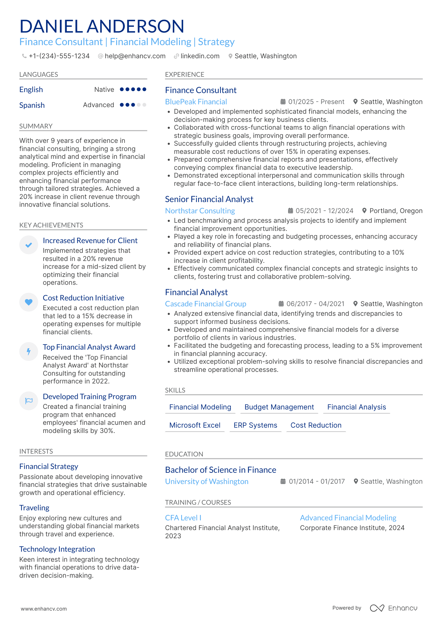 A resume example of a Experienced Finance Consultant