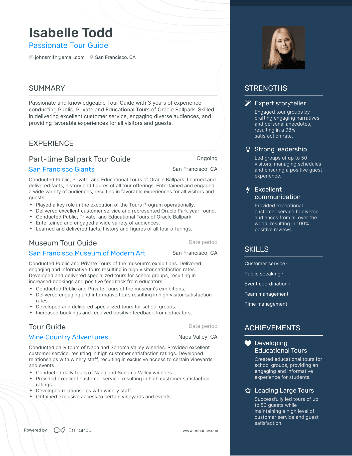 One Page Tour Guide Resume Template