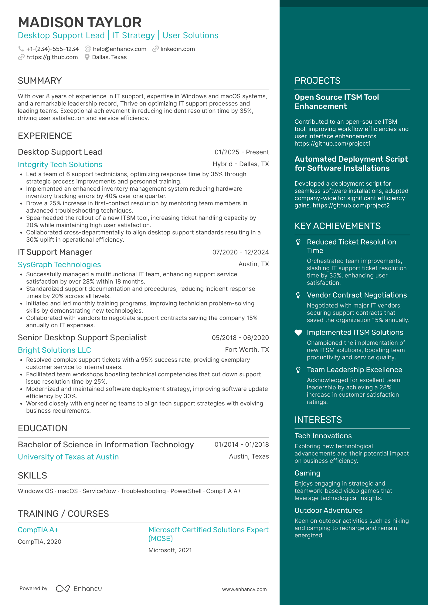 A resume example of a Desktop Support Lead