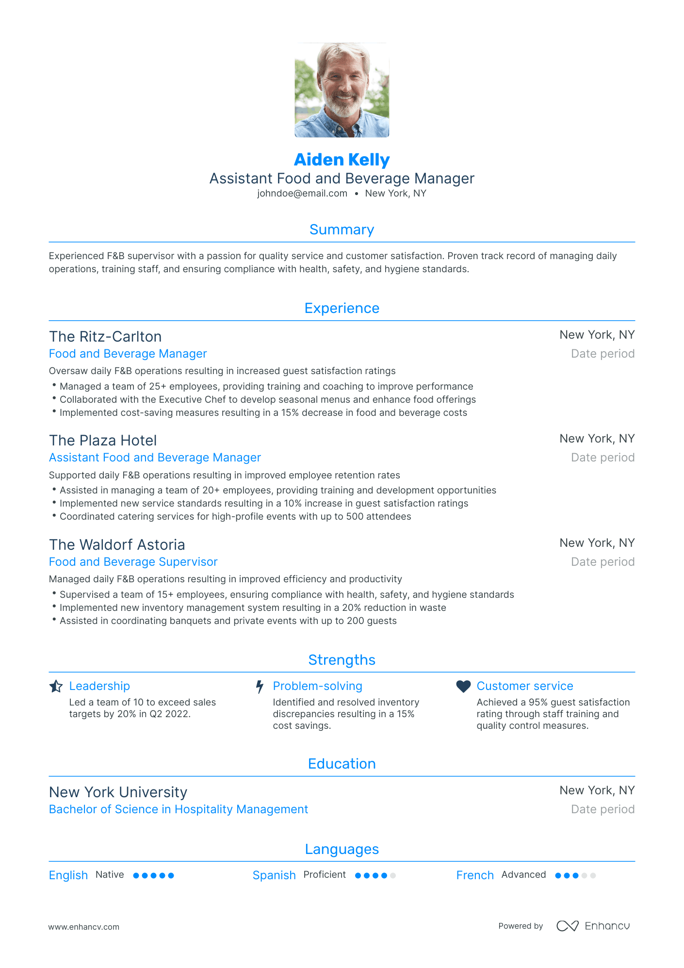Traditional Food and Beverage Manager Resume Template