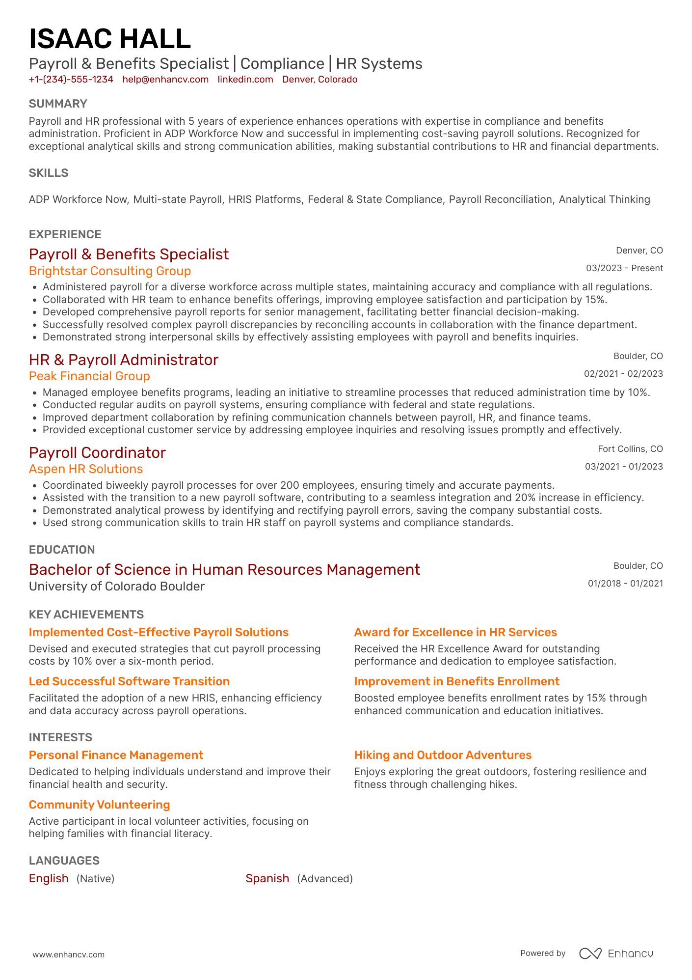 A resume example of a Payroll and Benefits Specialist